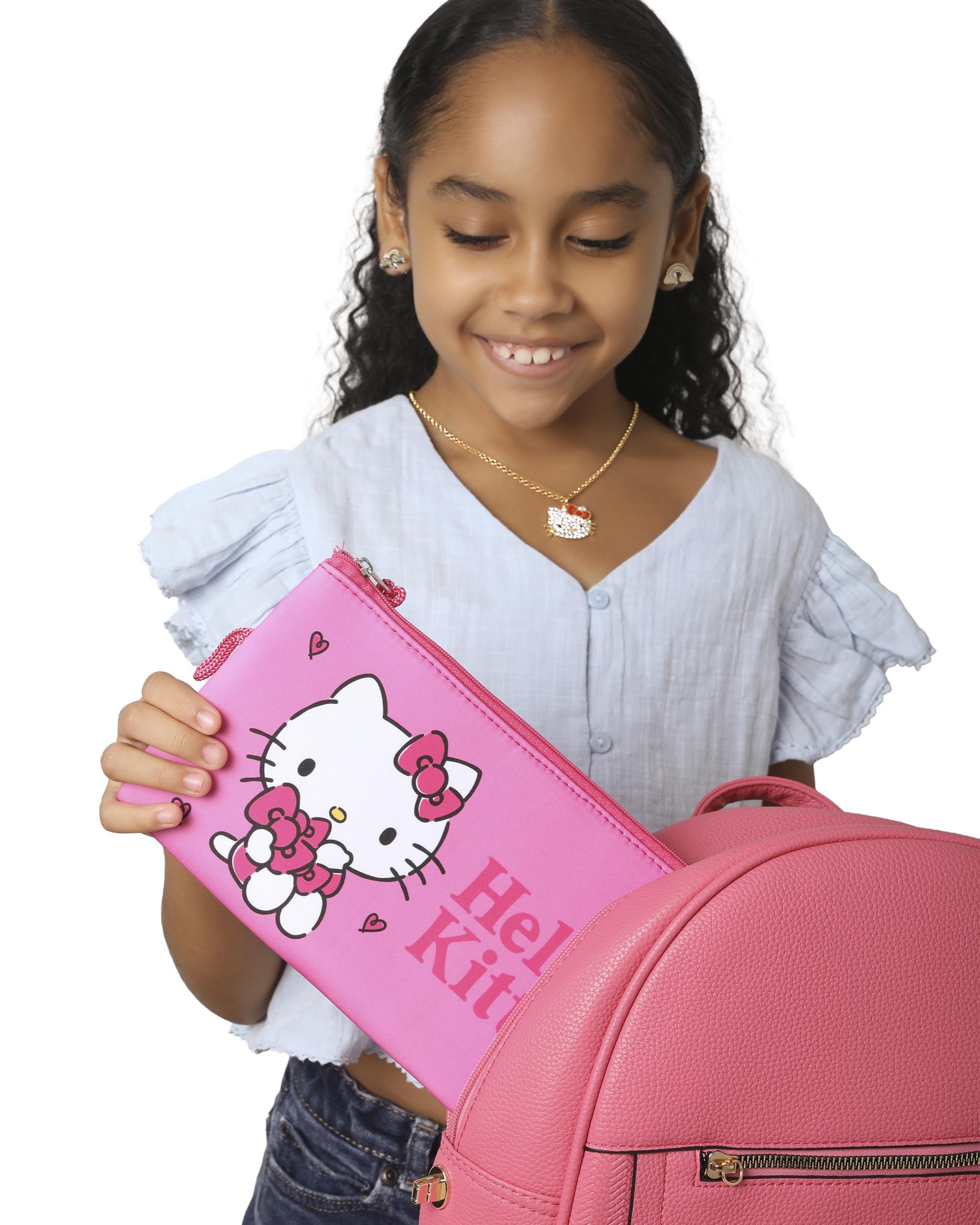 Hello Kitty makeup bag top zip closure secures cosmetics on the go.