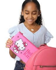 Hello Kitty makeup bag top zip closure secures cosmetics on the go.