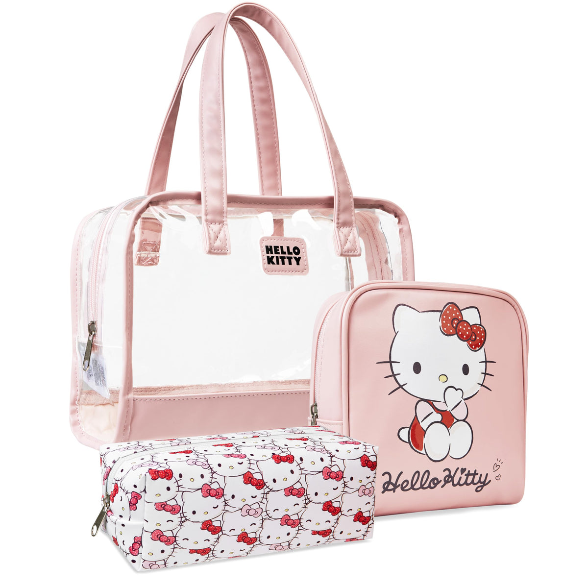Hello Kitty large clear toiletry bag with handles for travel organization.