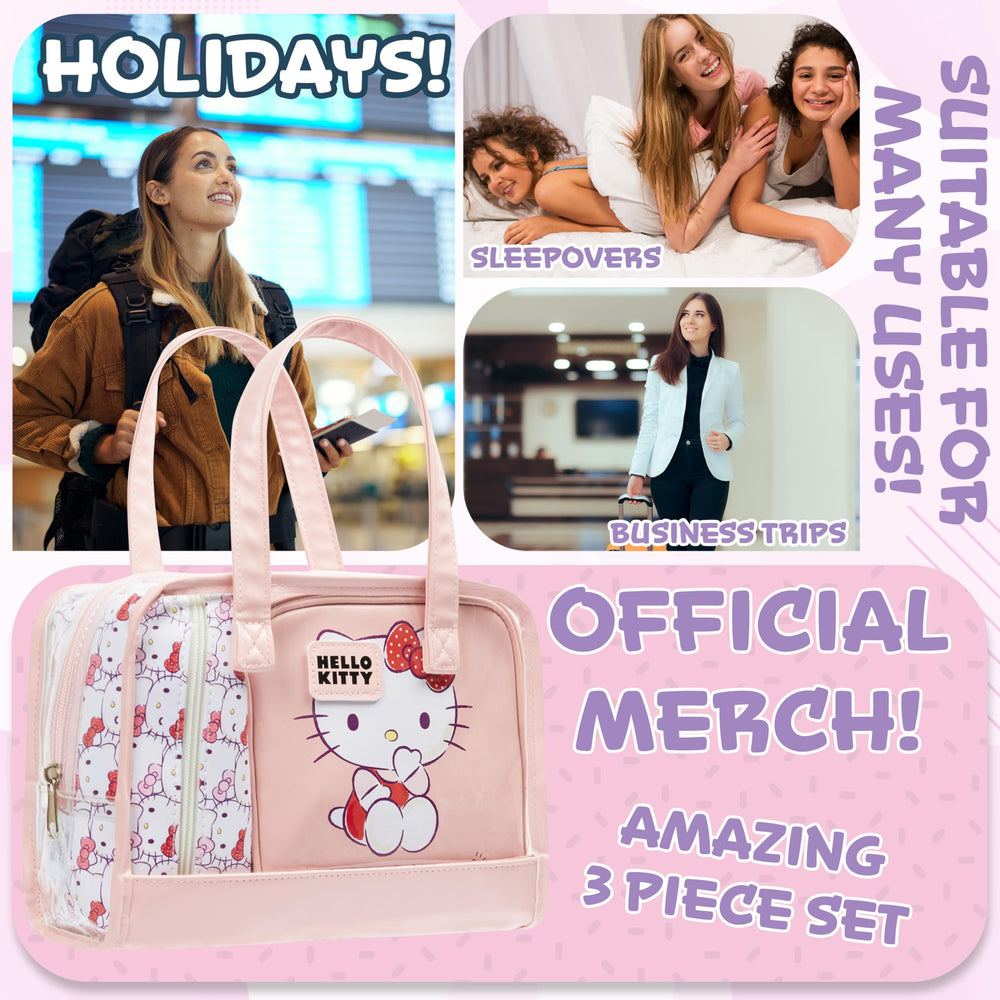 Hello Kitty travel cosmetics case in suitcase promotes organized packing.