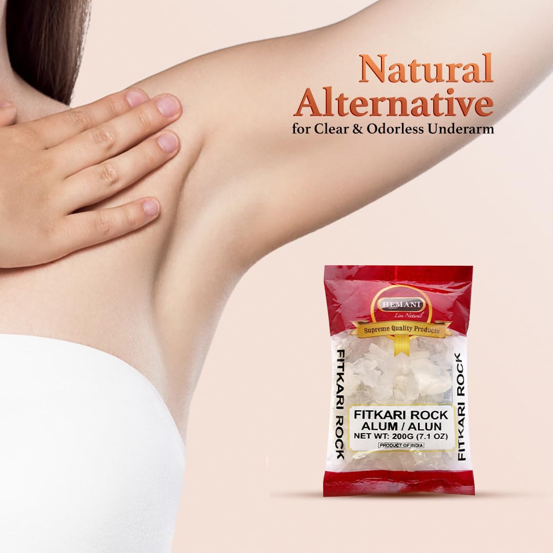 Hemani alum rock skin-care application – natural skin protection and cleansing properties.