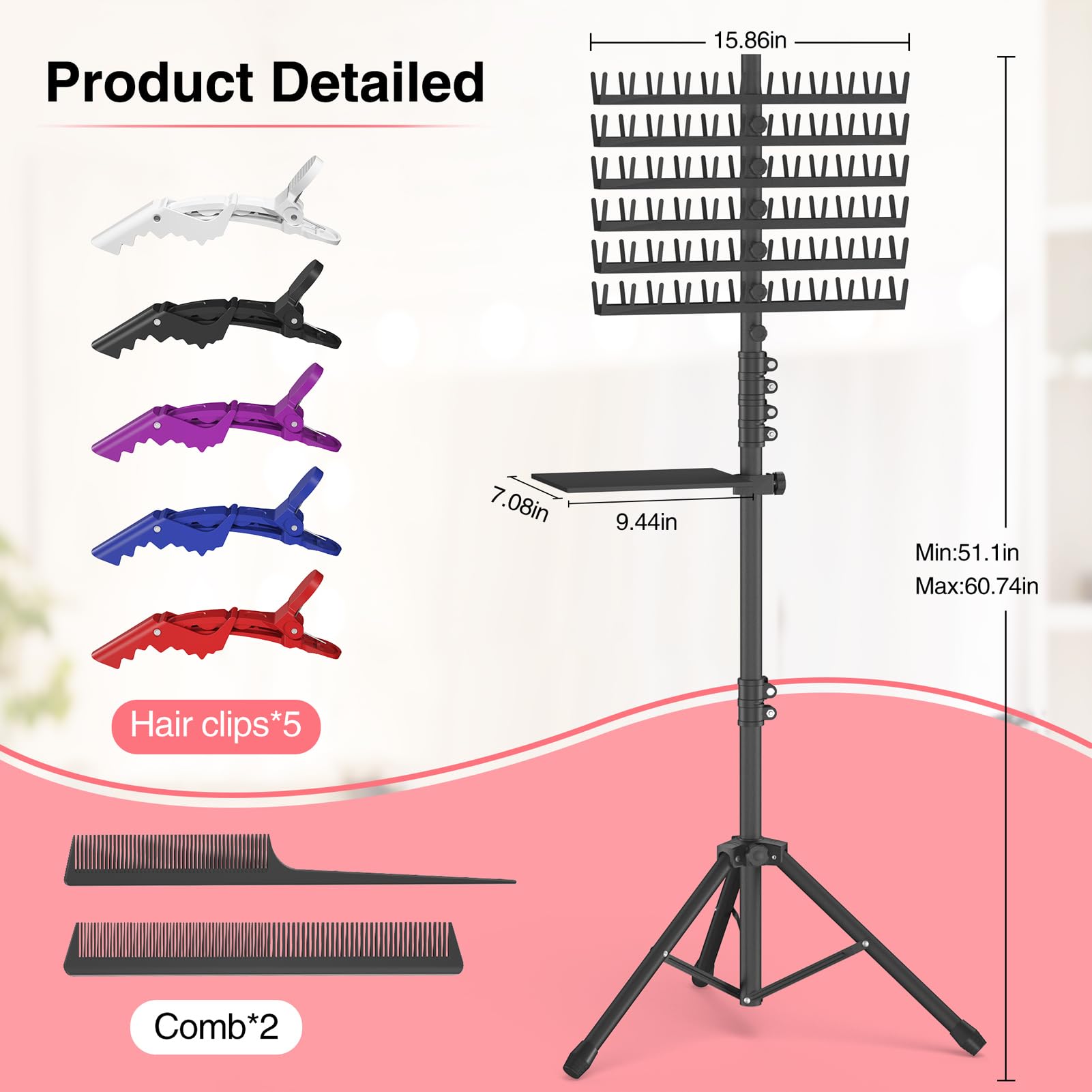 Hemndic rack includes 2 combs and 5 clips for quick braid setup