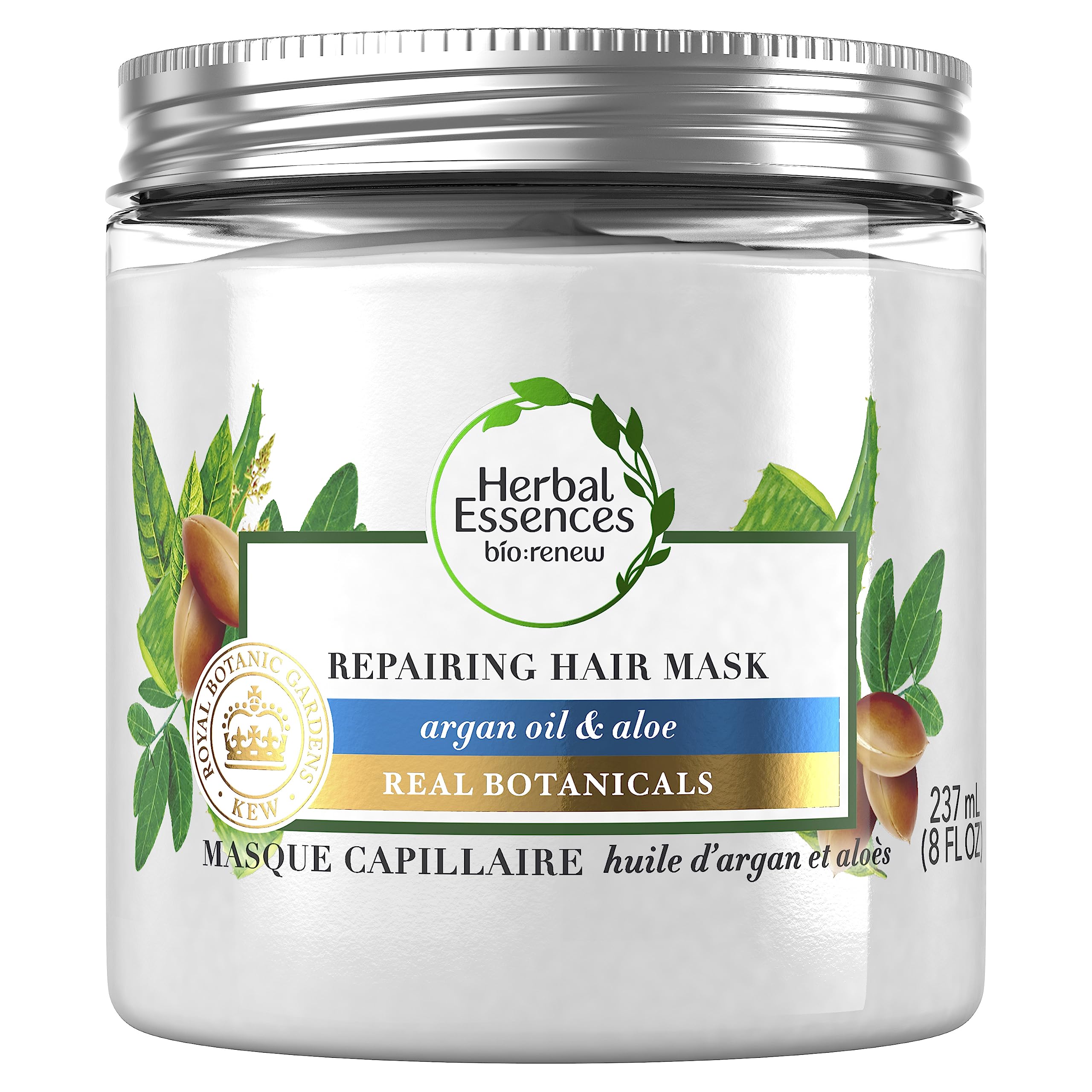 Hemp and aloe repair mask inset shows argan oil benefits for hydrating and smoothing hair
