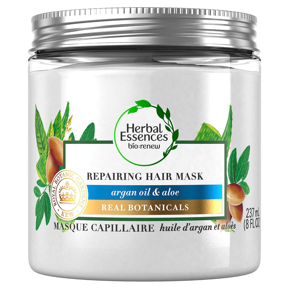 Hemp and aloe repair mask inset shows argan oil benefits for hydrating and smoothing hair