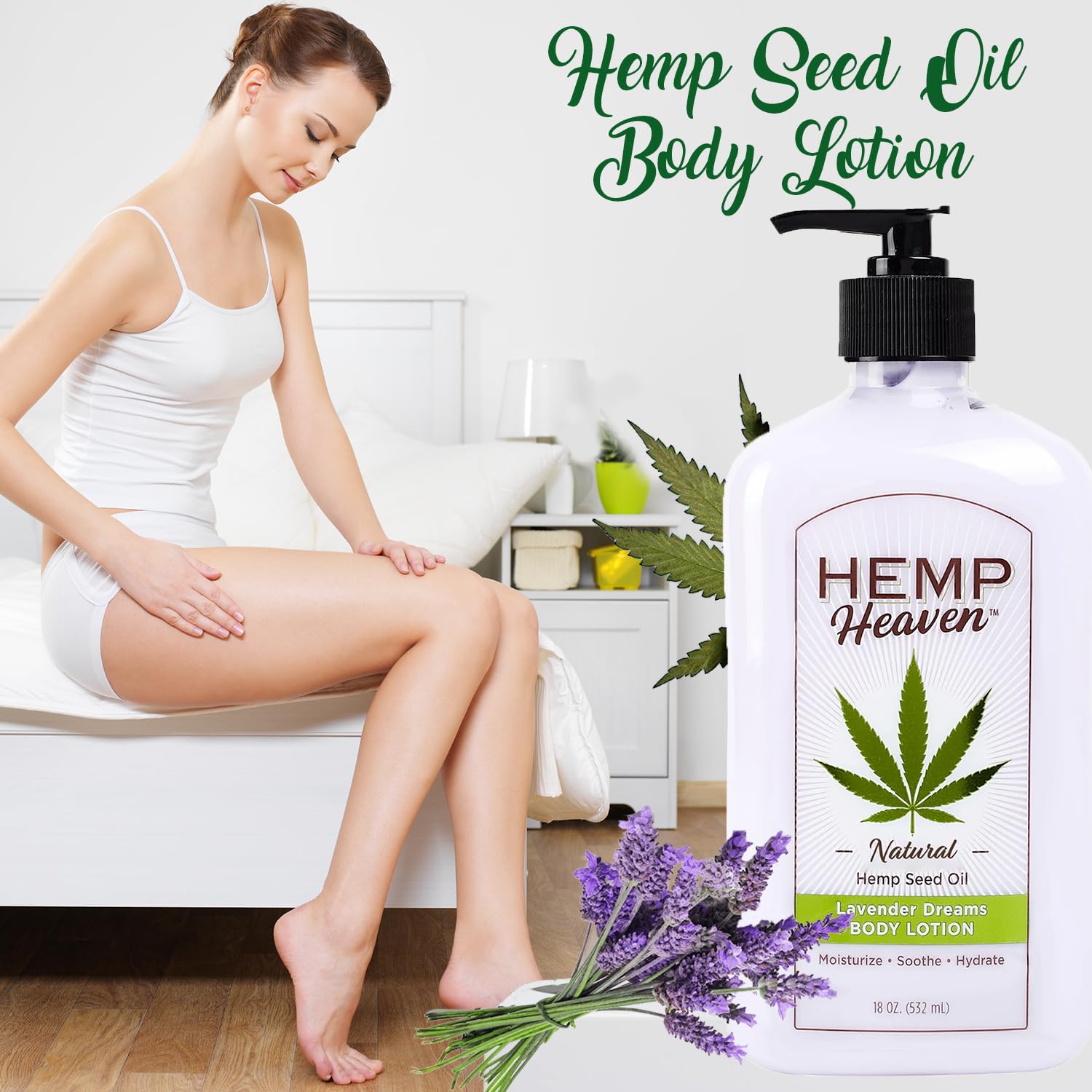 Hemp Heaven Lotion made in USA stamp and lavender-inspired scent.