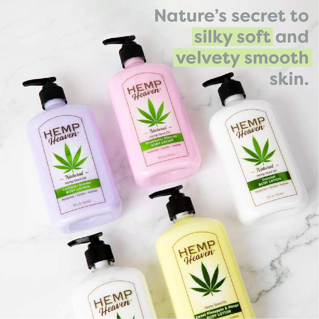 Hemp Heaven Lotion texture closeup showing creamy, quick-absorb skin feel.
