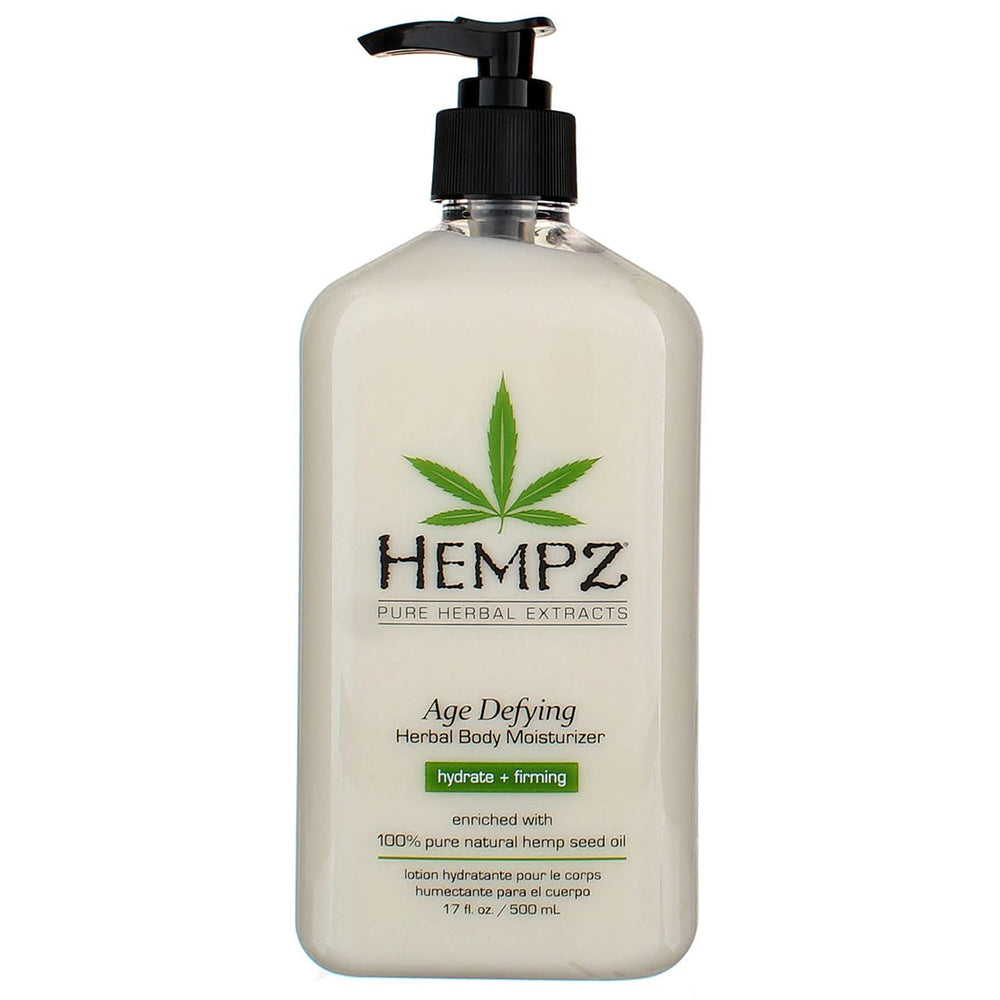 Hempz Age Defying Body Moisturizer packaging highlights 17 oz pump value