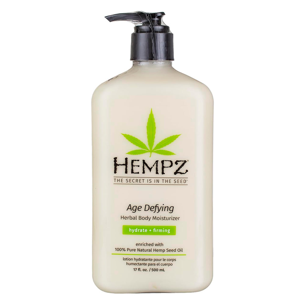 Hempz Age Defying Body Moisturizer product shot highlights hydration from hemp seed oil