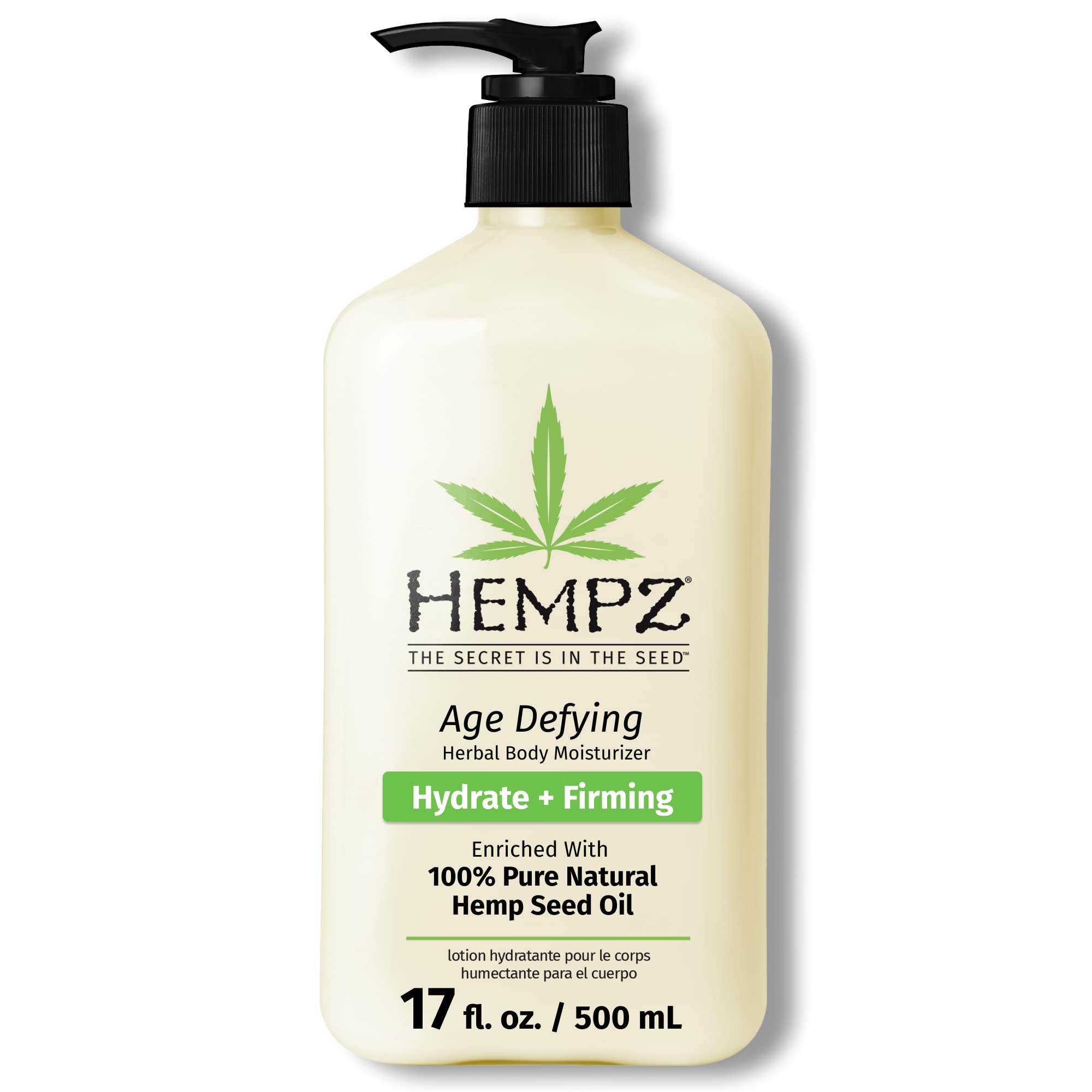 Hempz Age-Defy body lotion 17oz bottle highlighting quick-absorbing hydration