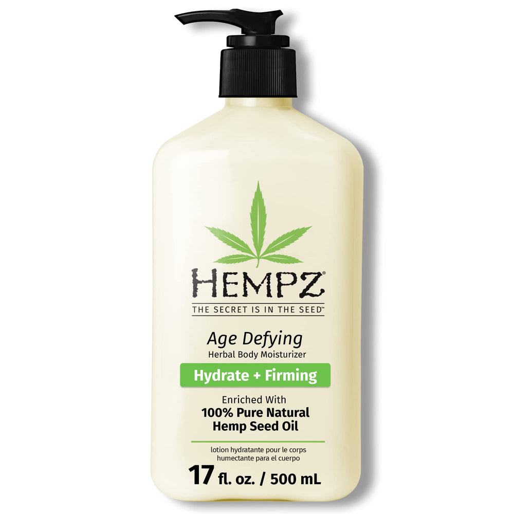 Hempz Age-Defy bottle and cream texture demonstrate quick absorption for everyday moisture.