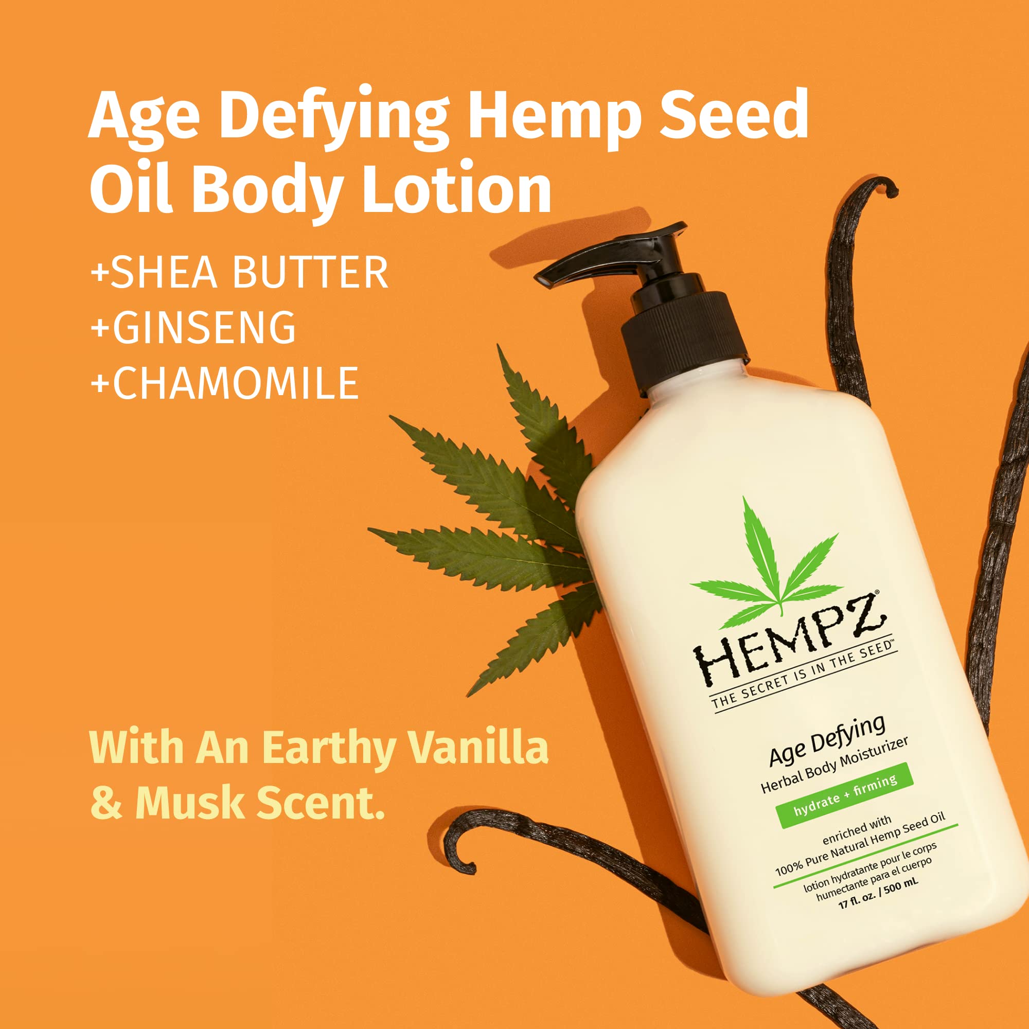 Hempz Age-Defy vanilla musk fragrance enhances a comforting scent during daily moisturization.