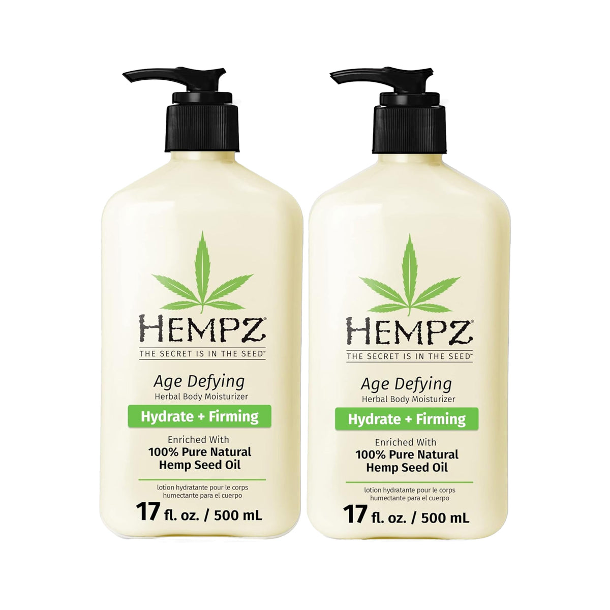 Hempz Age Defying Body Moisturizer 2-pack bottle front for daily deep hydration.