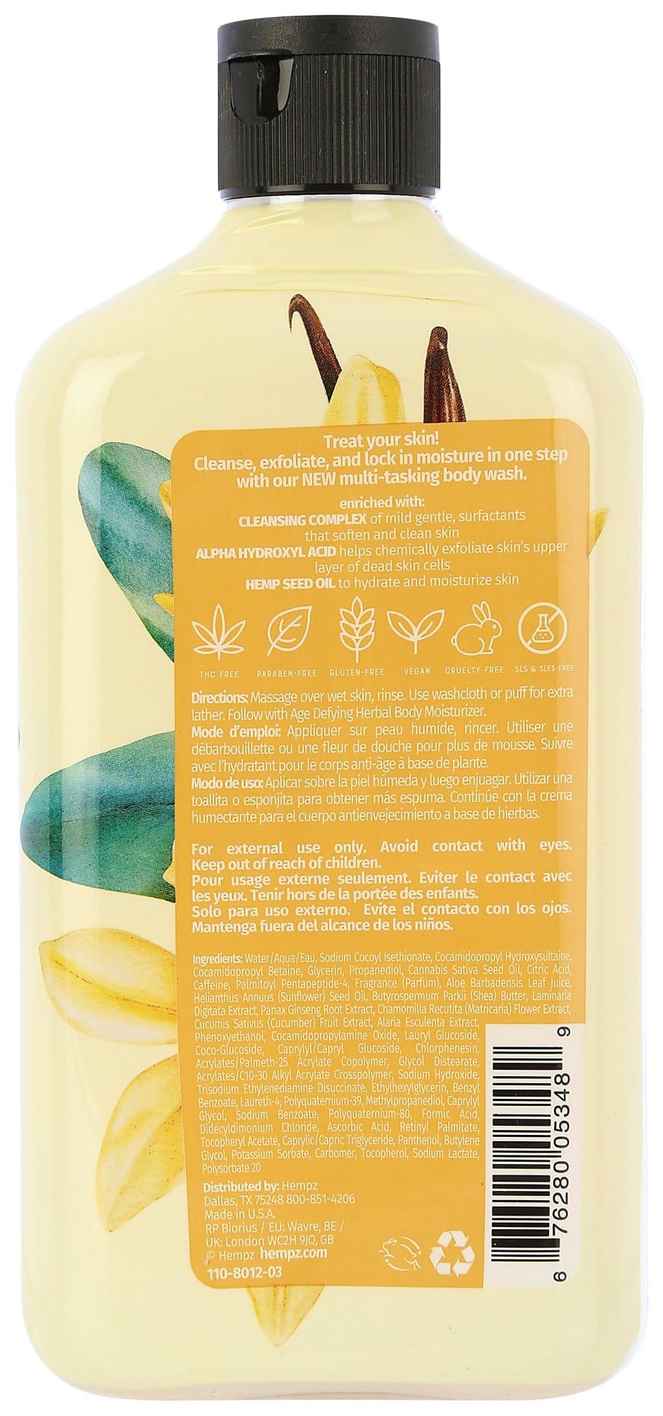 Hempz Age Defying Vanilla & Musk lather close-up emphasizes moisture and gentle exfoliation