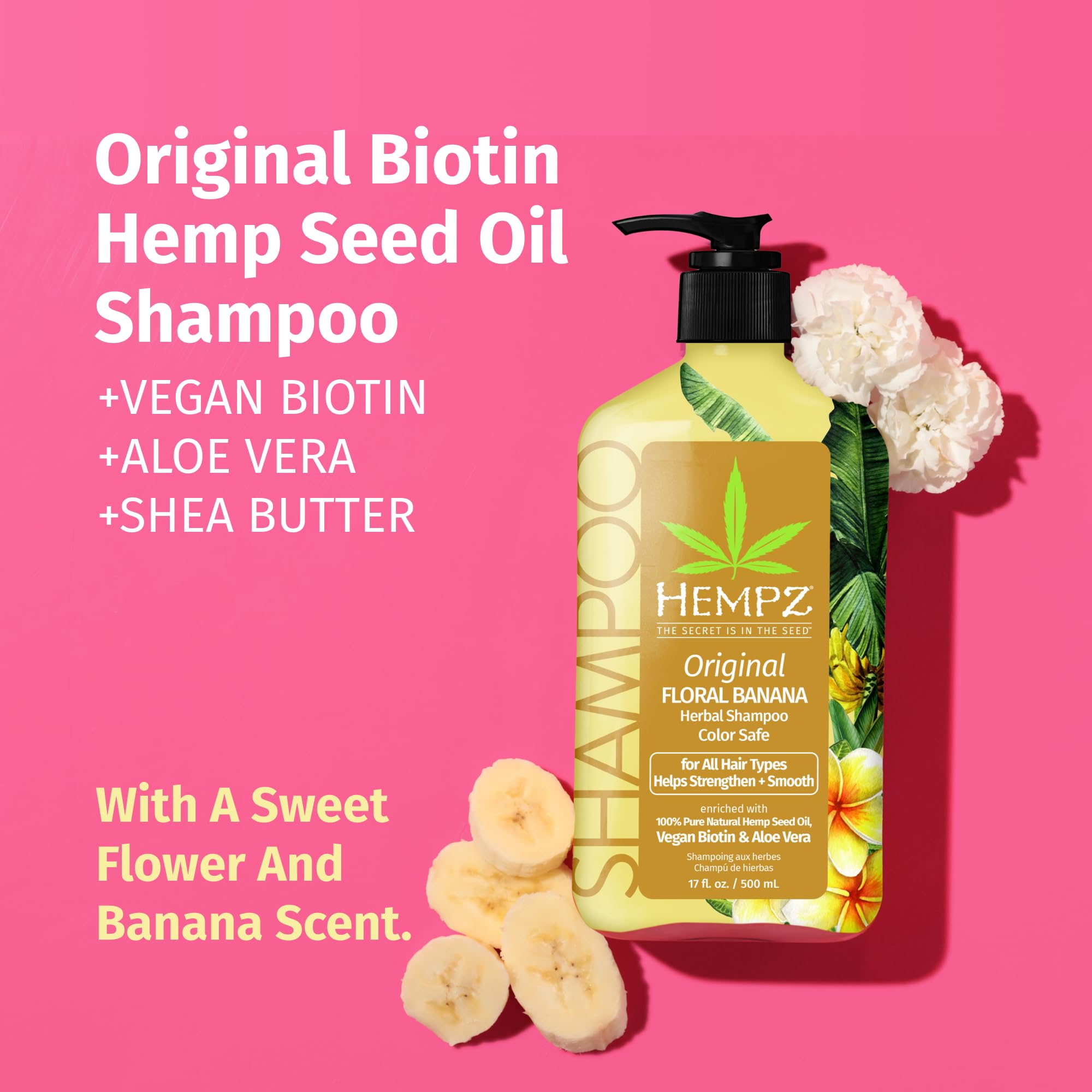 Hempz Biotin Hair Shampoo label-avocado-oil graphic emphasizes moisture retention