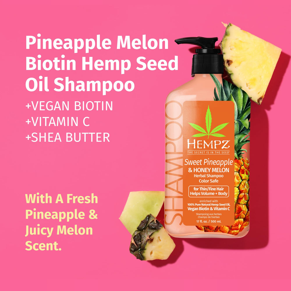 Hempz Biotin Shampoo foaming lather delivers lightweight moisture for fine hair.