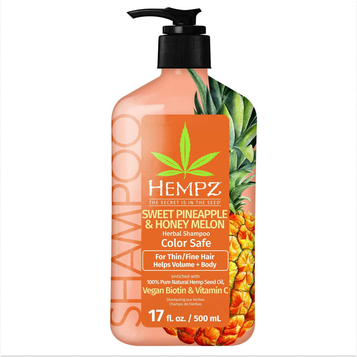 Hempz Biotin Shampoo bottle shows pineapple-honey melon scent and color-safe cleansing.