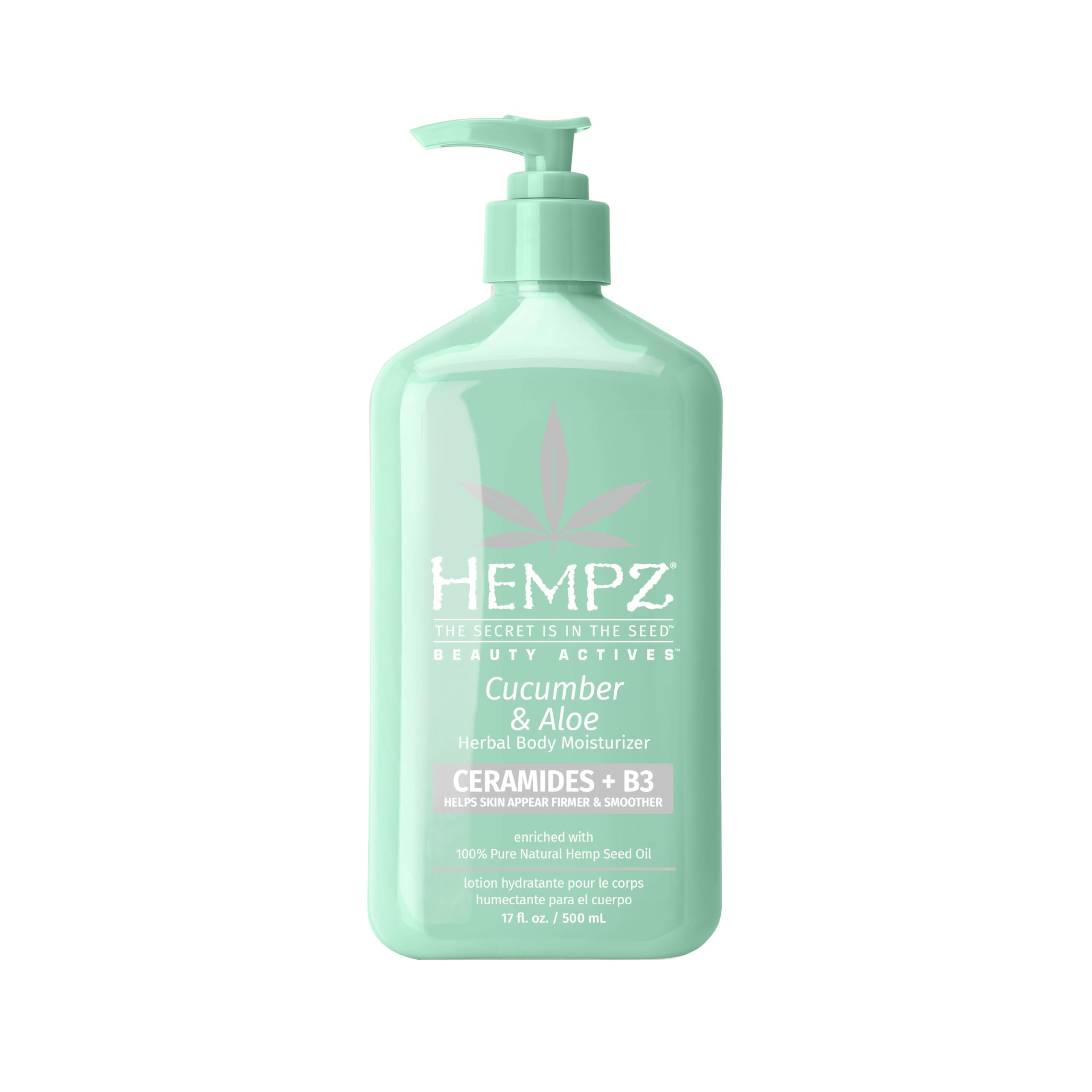 Hempz body lotion cucumber & aloe bottle shows hydration for dry skin
