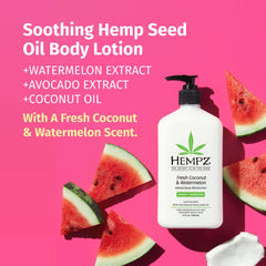 Hempz body lotion fragrance coconut watermelon scent evokes tropical daily moisturizer mood.