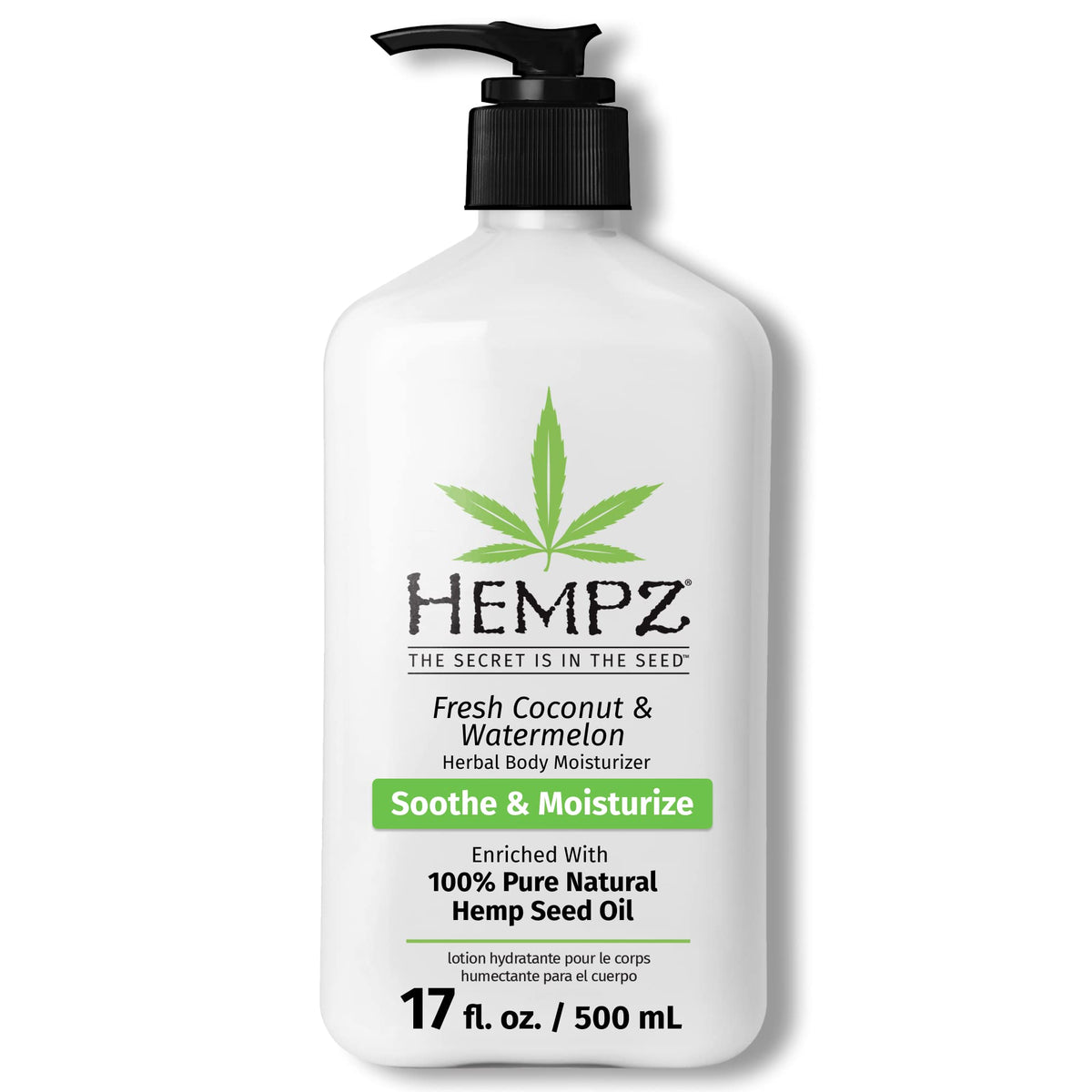 Hempz body lotion fresh coconut and watermelon bottle sits on bathroom shelf for daily hydration.