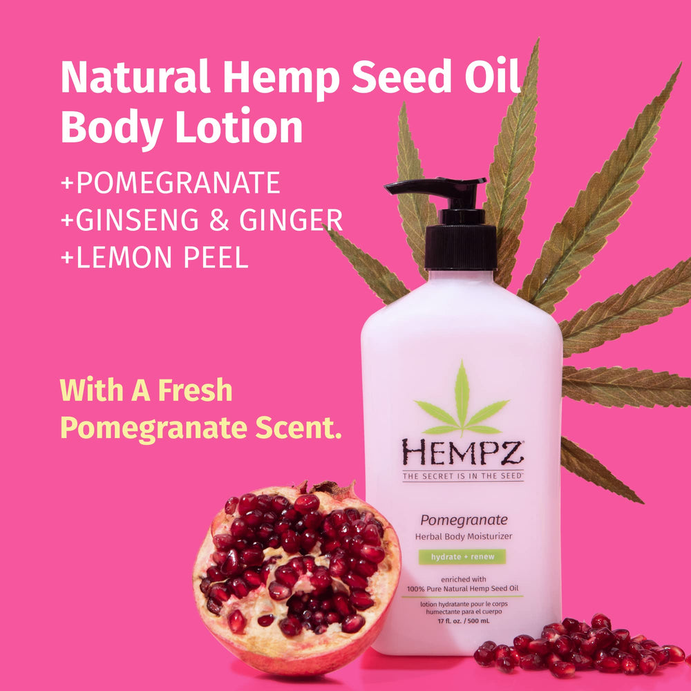 Hempz body lotion pomegranate pump dispensing, illustrating easy, non-greasy application.
