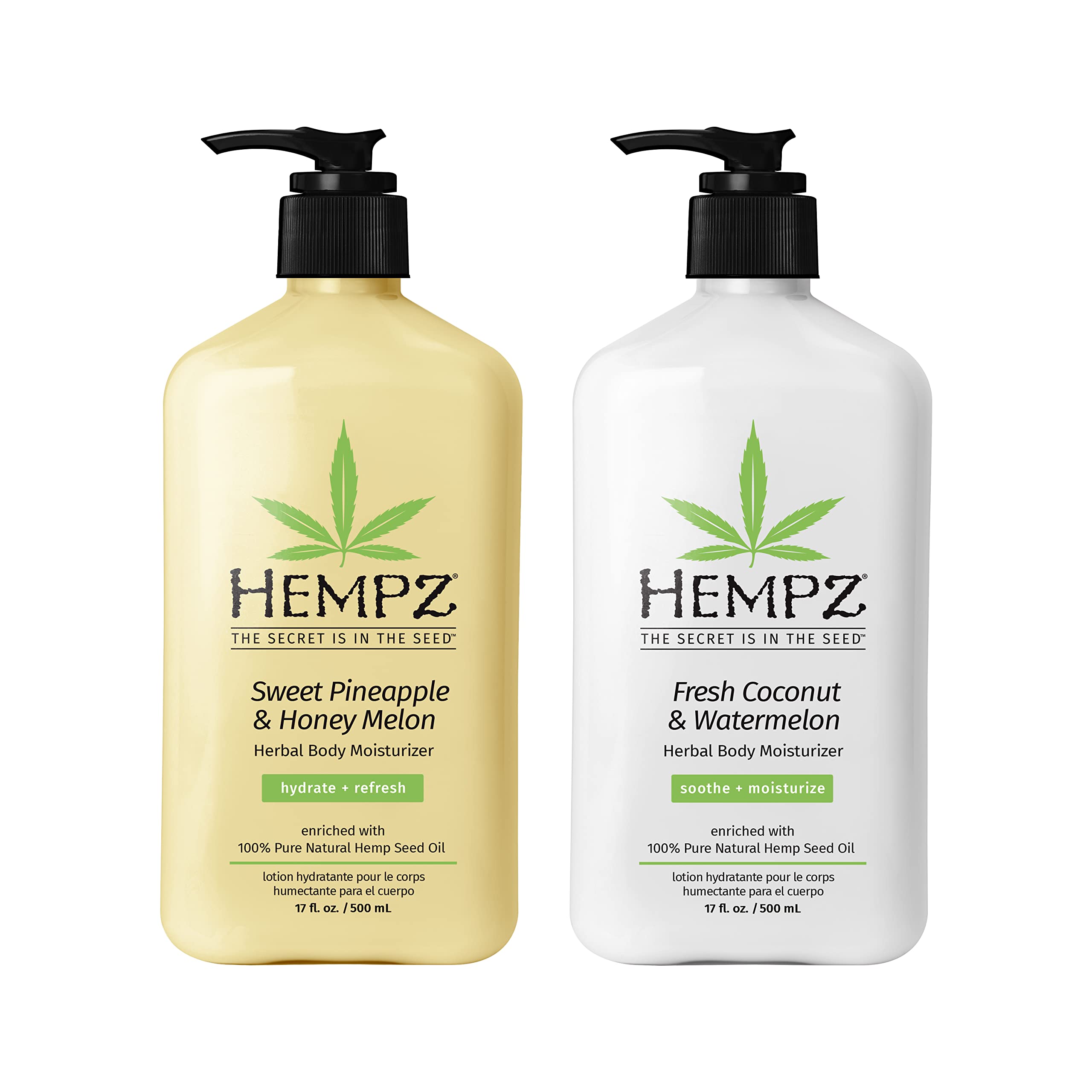 Hempz body lotion Sweet Pineapple & Honey Melon bottle close-up highlighting hemp seed oil hydration.