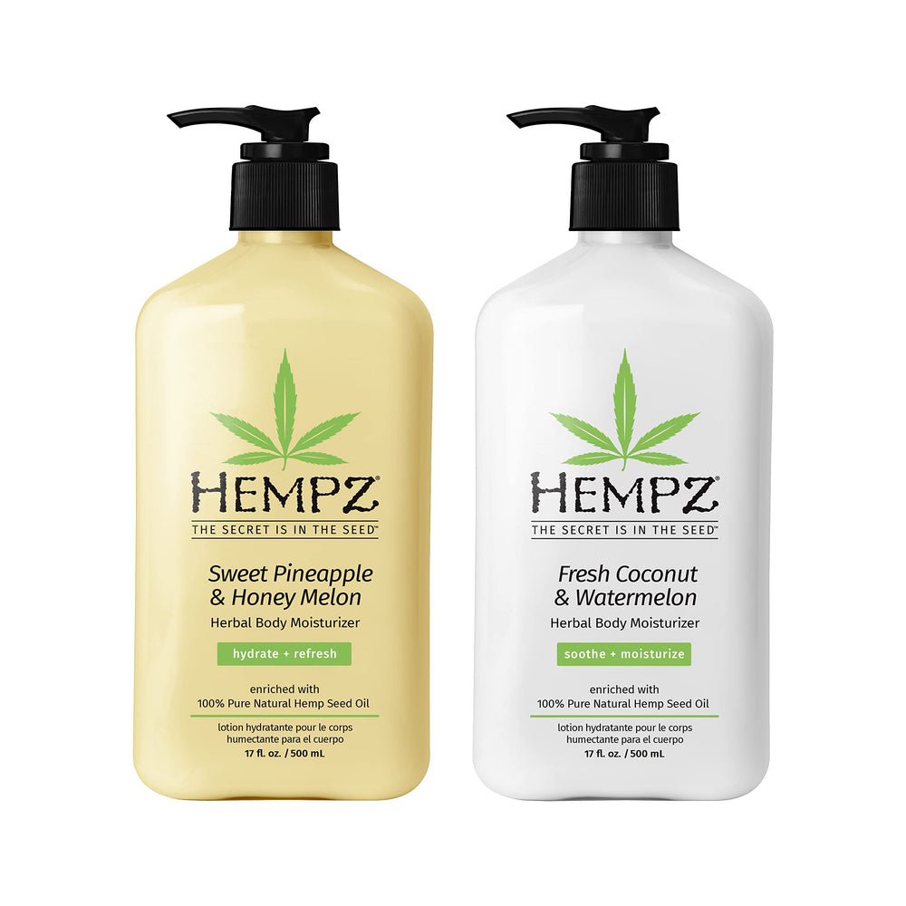 Hempz body lotion Sweet Pineapple & Honey Melon bottle close-up highlighting hemp seed oil hydration.