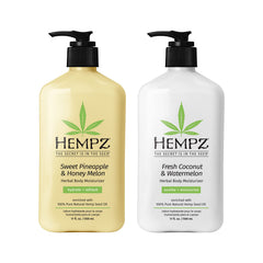 Hempz body lotion Sweet Pineapple & Honey Melon bottle close-up highlighting hemp seed oil hydration.