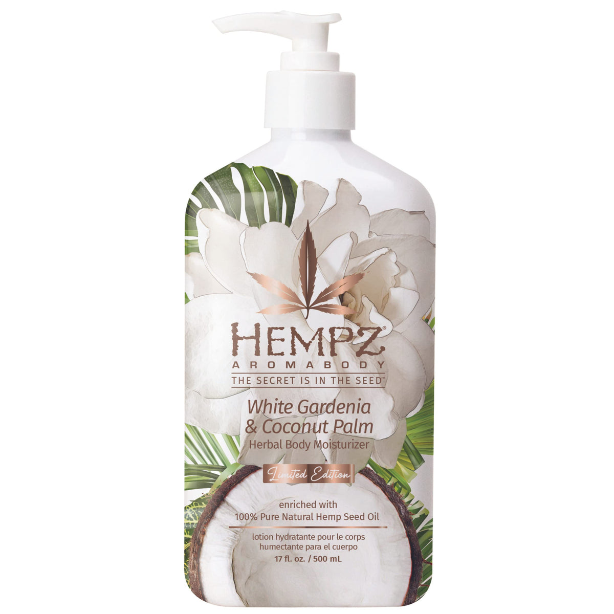 Hempz Body Lotion bottle with White Gardenia scent offering lasting hydration