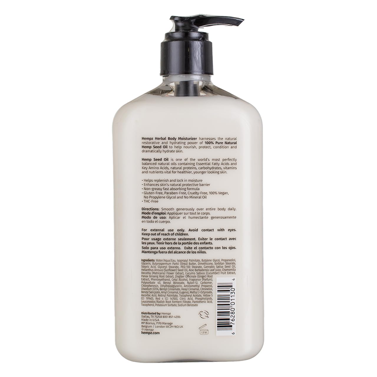 Hempz Body Moisturizer Original label close-up shows vegan, paraben-free formula.