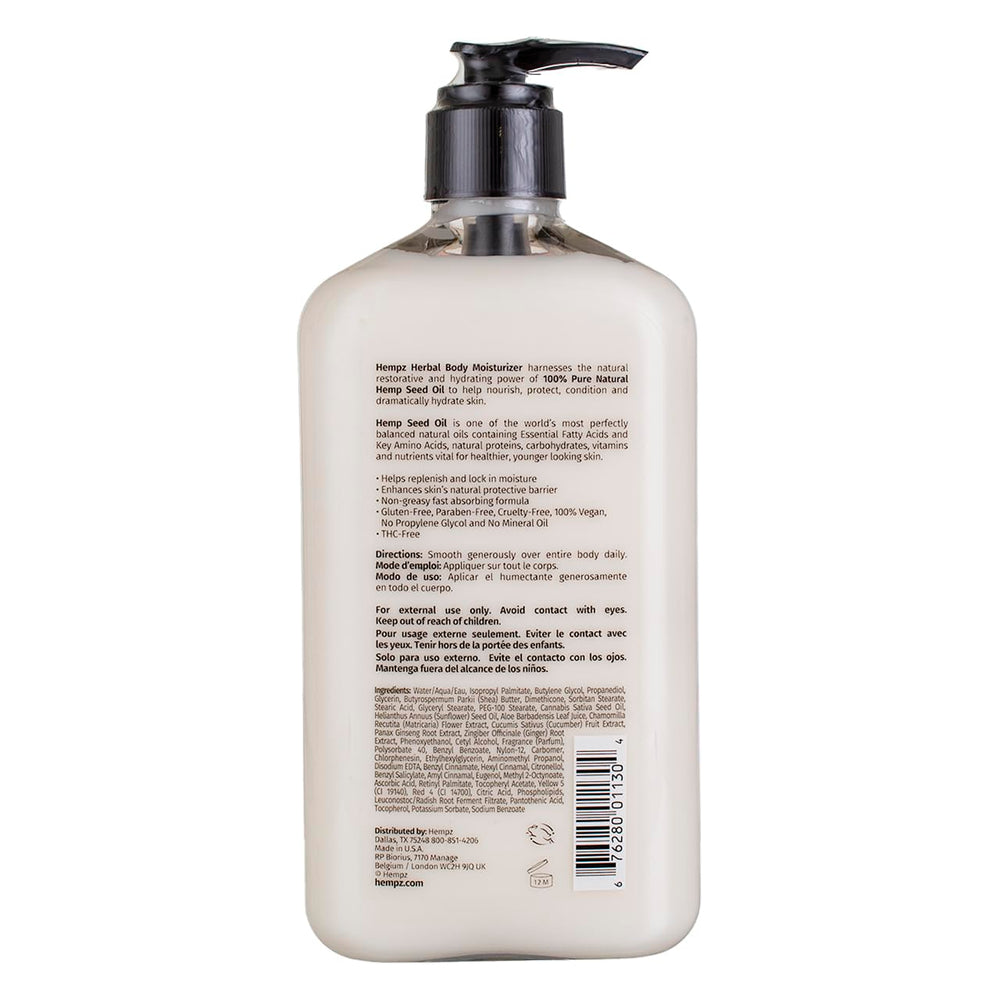 Hempz Body Moisturizer Original label close-up shows vegan, paraben-free formula.