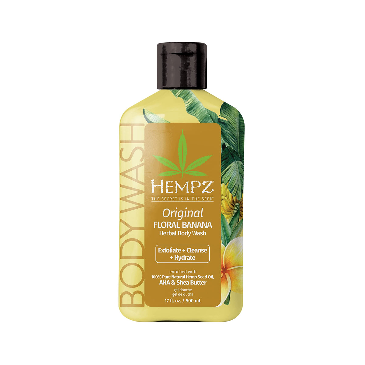 Hempz Body Wash Original Floral & Banana bottle showing hydrating hemp seed oil for sensitive skin.
