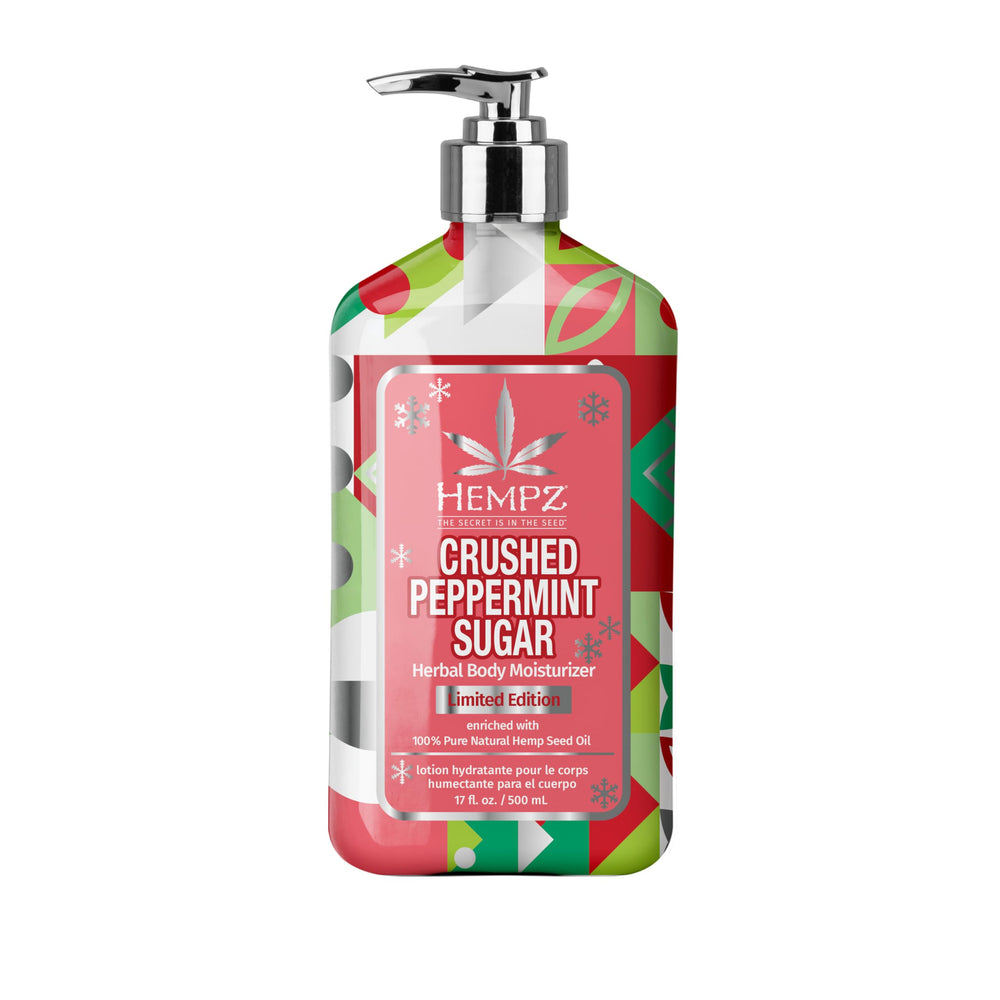 Hempz Crushed Peppermint Sugar Lotion label highlights festive packaging and hydrating appeal
