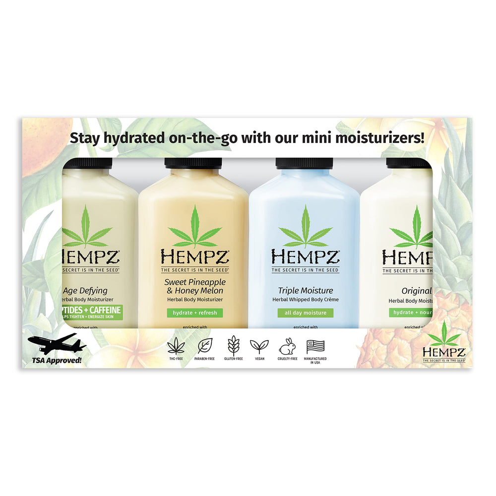 Hempz Everyday Favorities sweet pineapple honeymelon mini lotion, travel-ready hydration on the go.