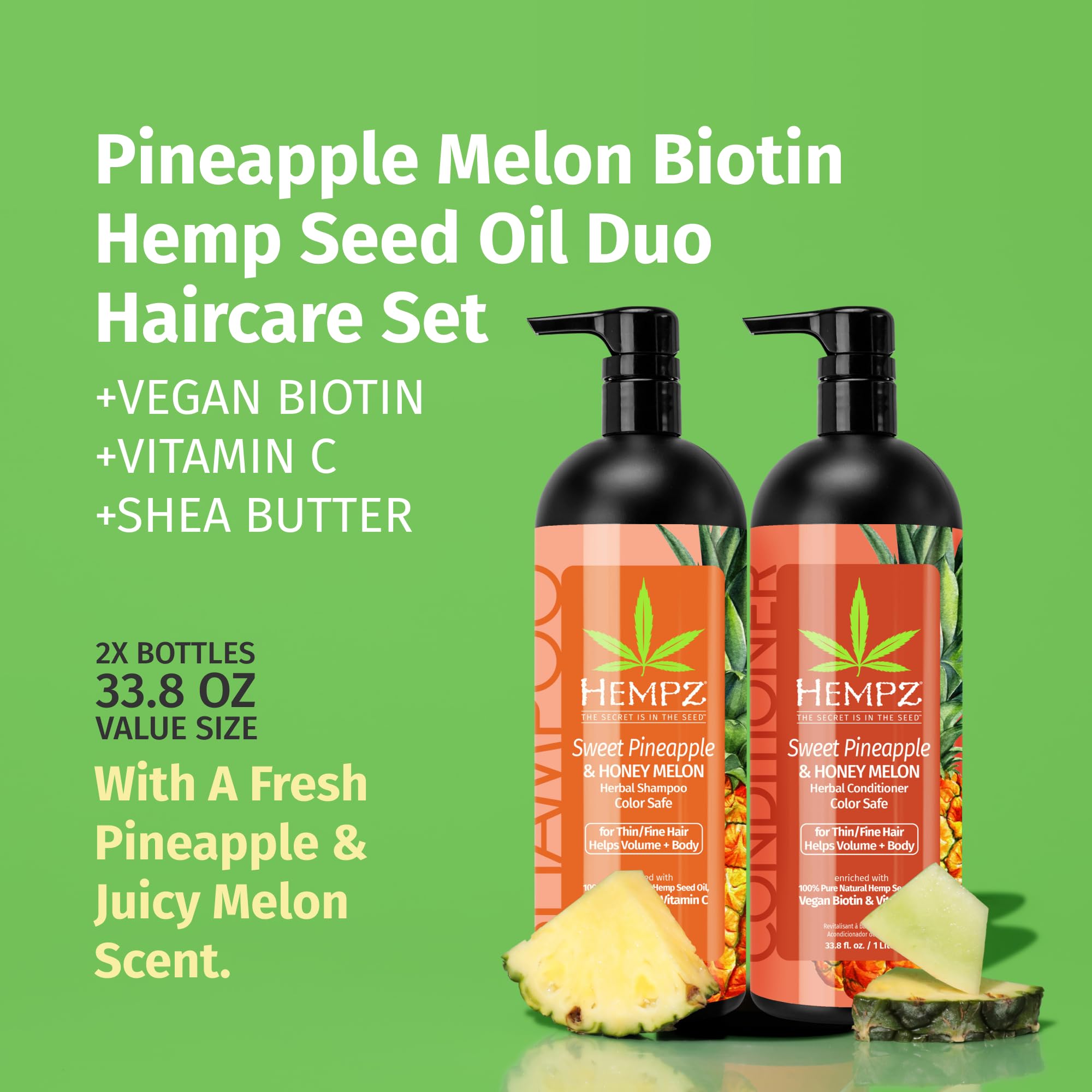 Hempz conditioner pump bottle featuring Sweet Pineapple & Honey Melon, smoothing damaged hair.
