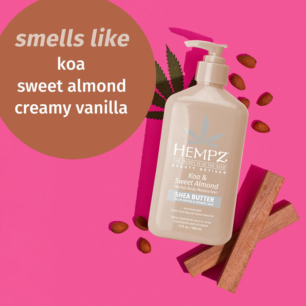Hempz Koa & Sweet Almond shea butter image highlights deep moisturization.