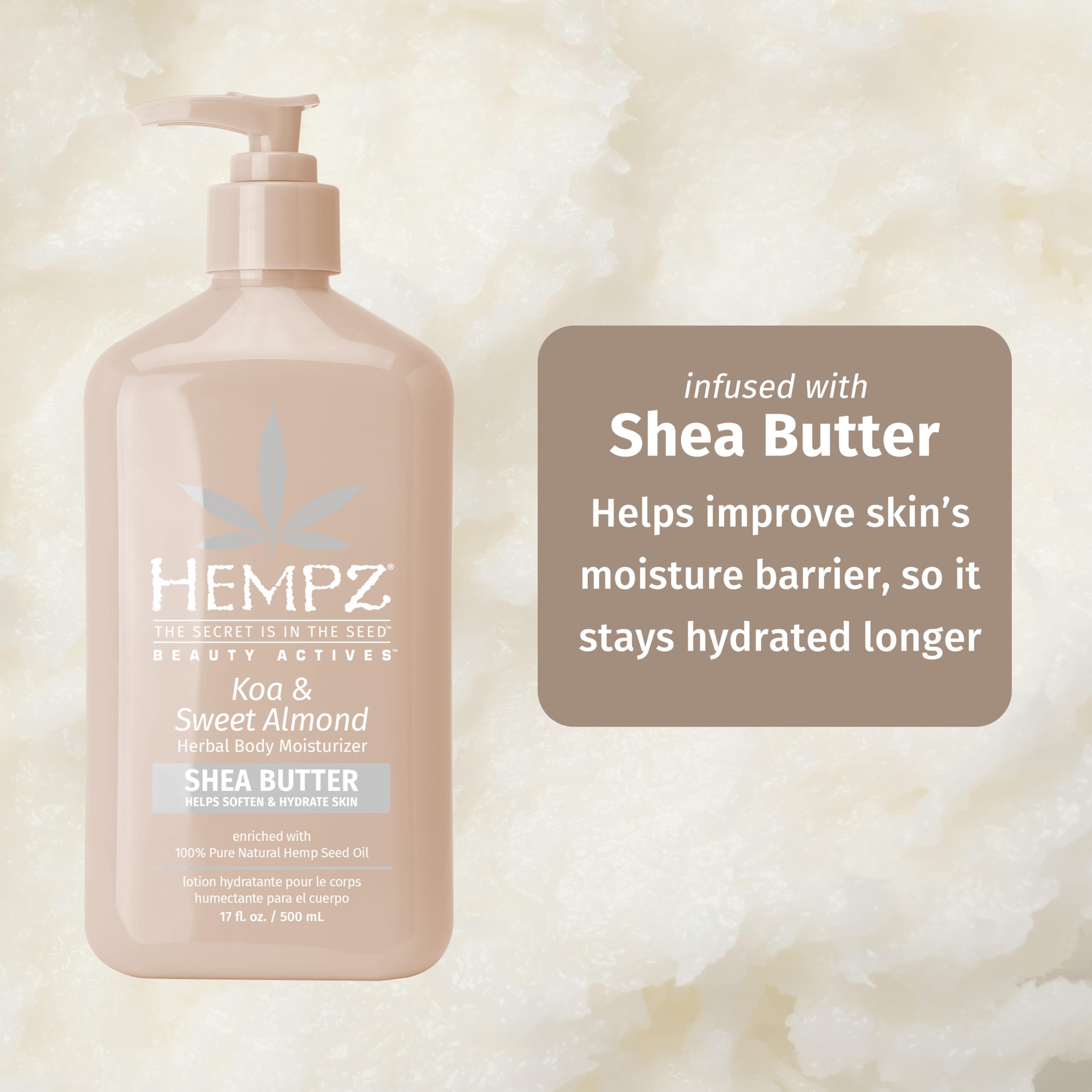 Hempz Koa & Sweet Almond texture closeup emphasizes non-greasy formula.
