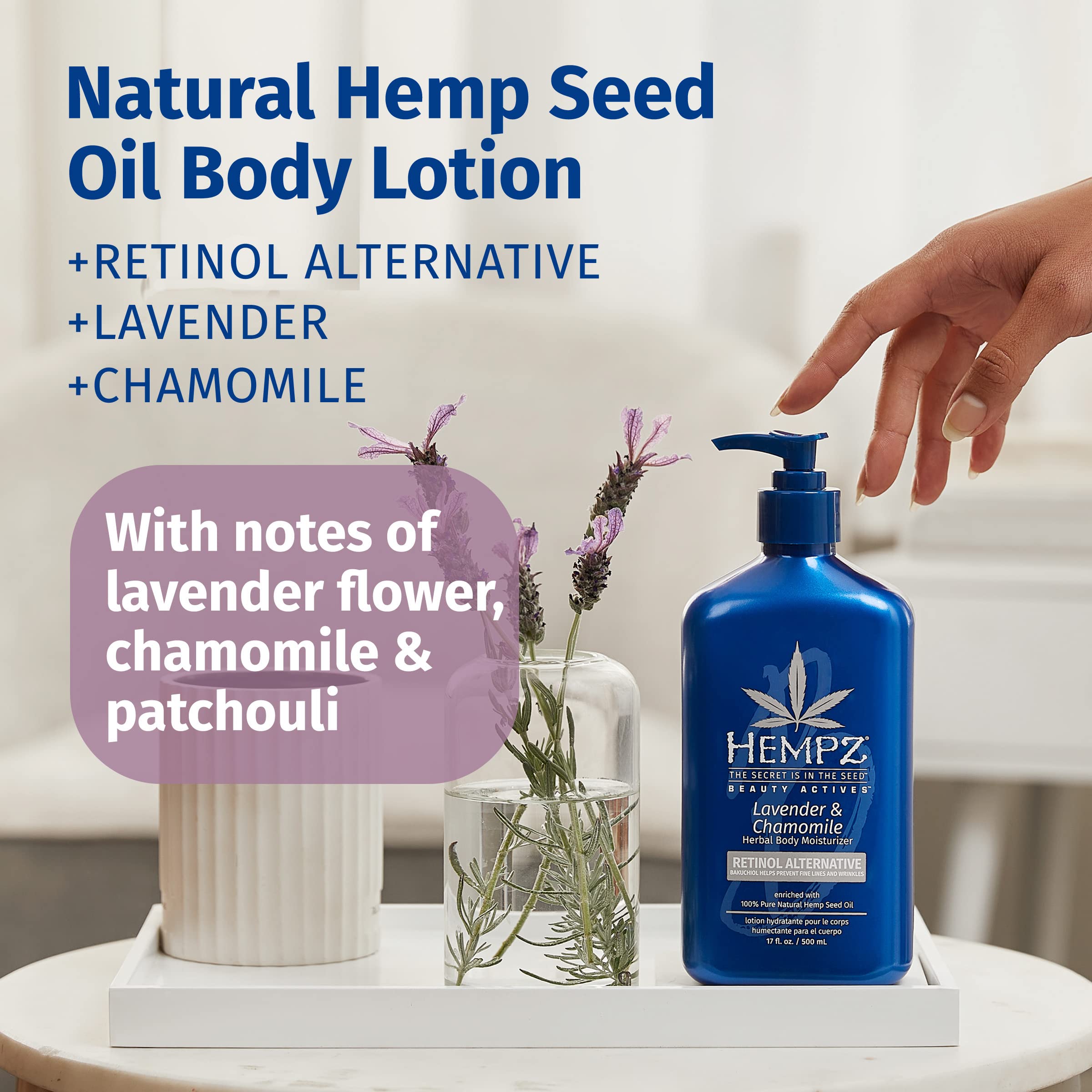 Hempz Lavender & Chamomile jar close-up featuring shea butter and aloe ingredients