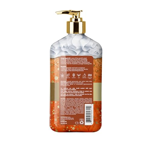 Hempz pumpkin-spice-vanilla-chai lotion pump closeup shows creamy, fast-absorbing texture