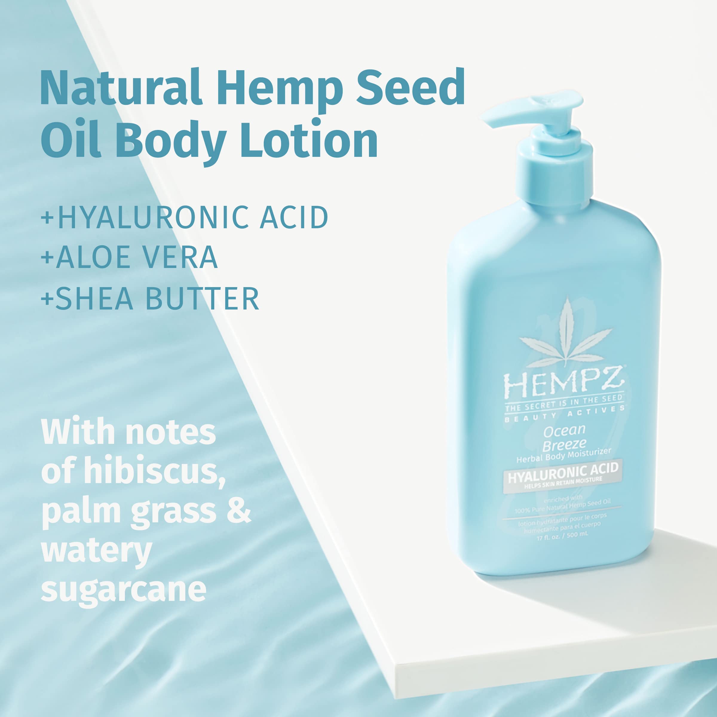 Hempz Ocean Breeze lotion ingredients hyaluronic acid for lasting moisture.