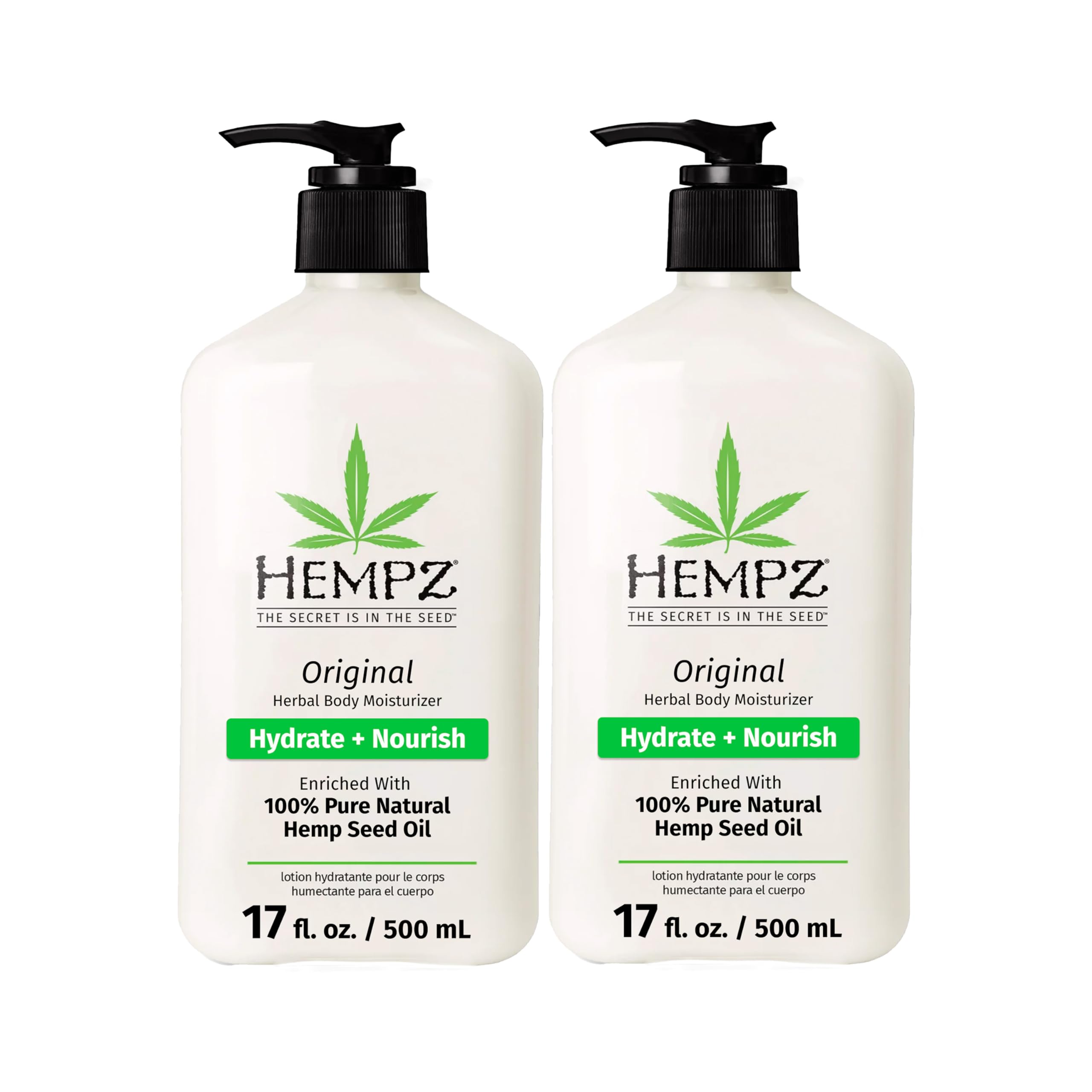 Hempz Original bottle front label highlights hemp seed oil for nourishing dry skin.