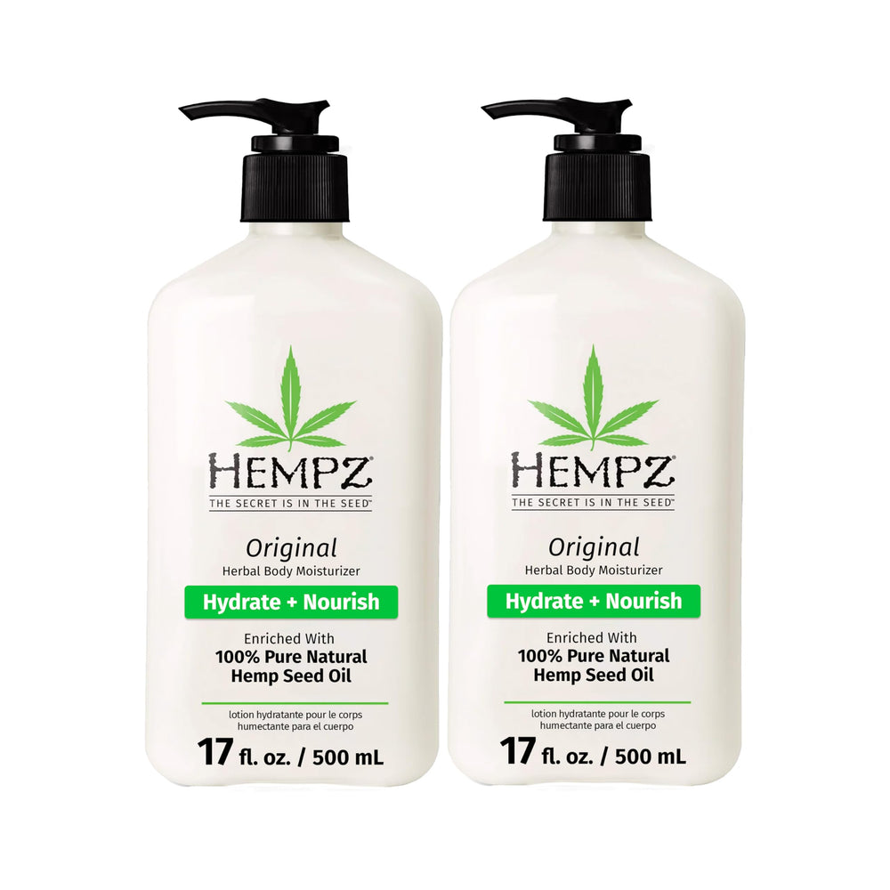 Hempz Original bottle front label highlights hemp seed oil for nourishing dry skin.