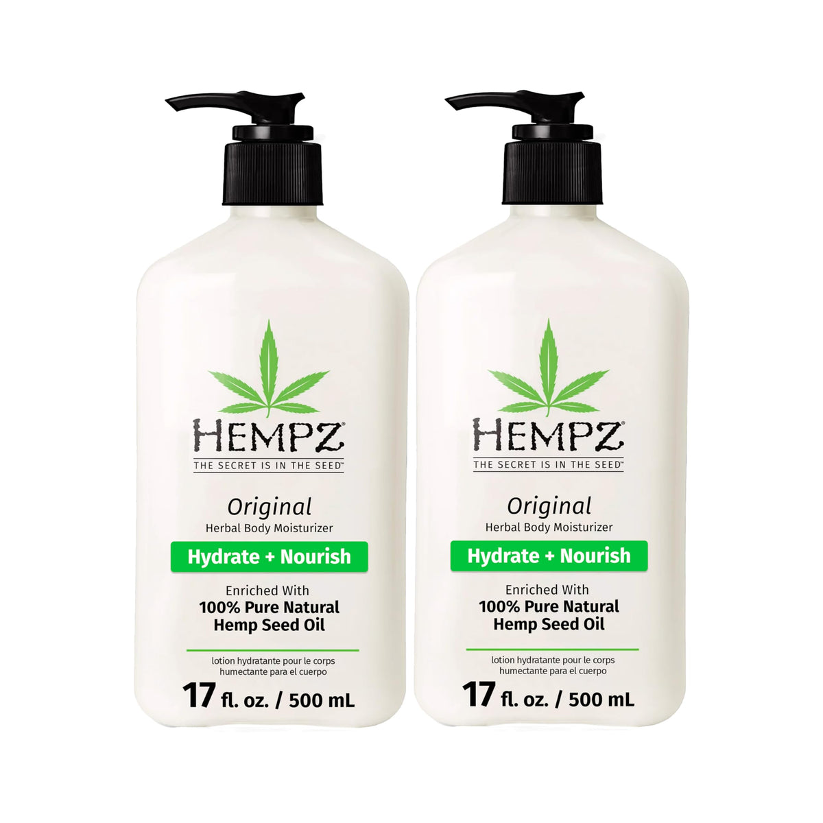 Hempz Original bottle front label highlights hemp seed oil for nourishing dry skin.