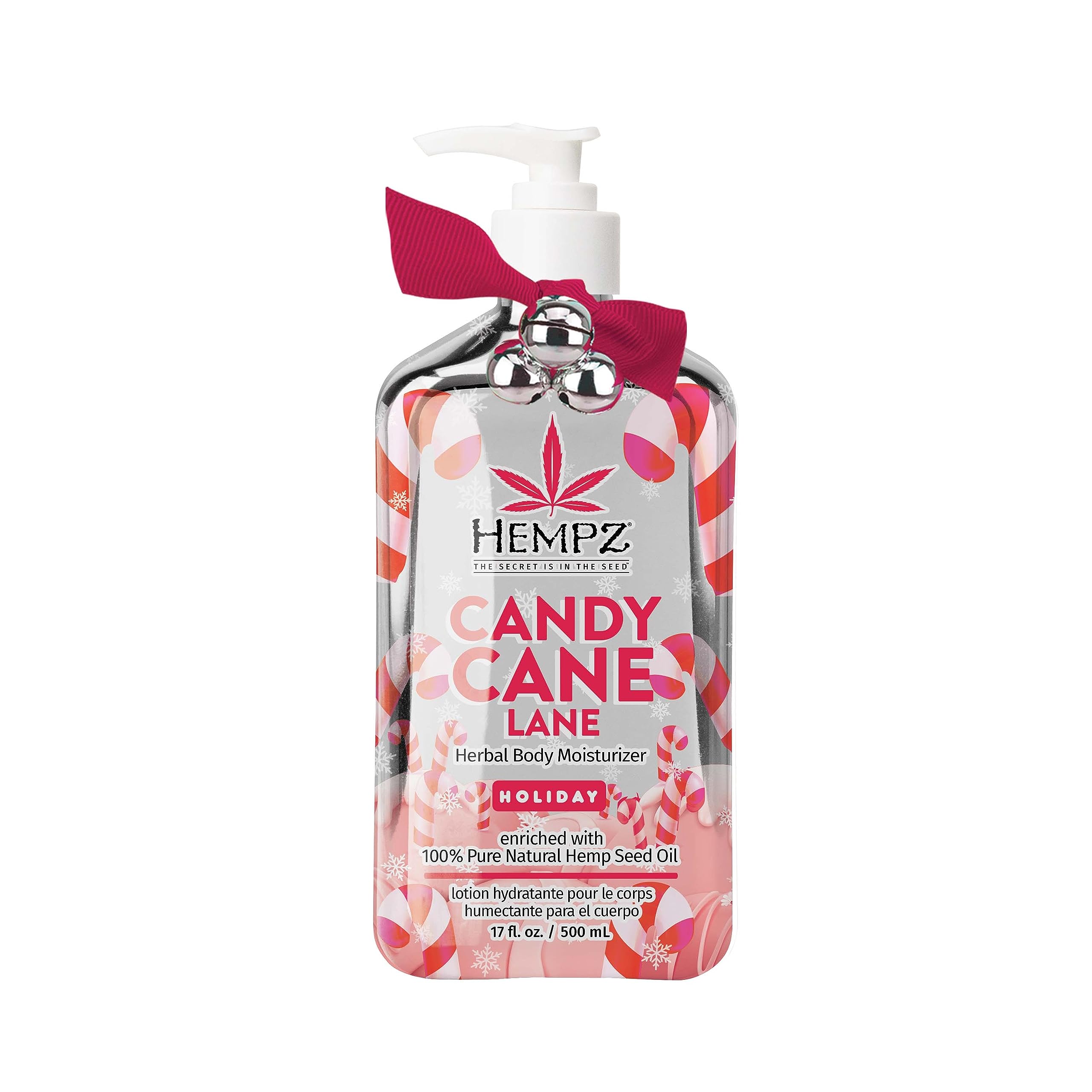Hempz peppermint candy cane lotion jar-front promotes daily hydration plus festive scent.