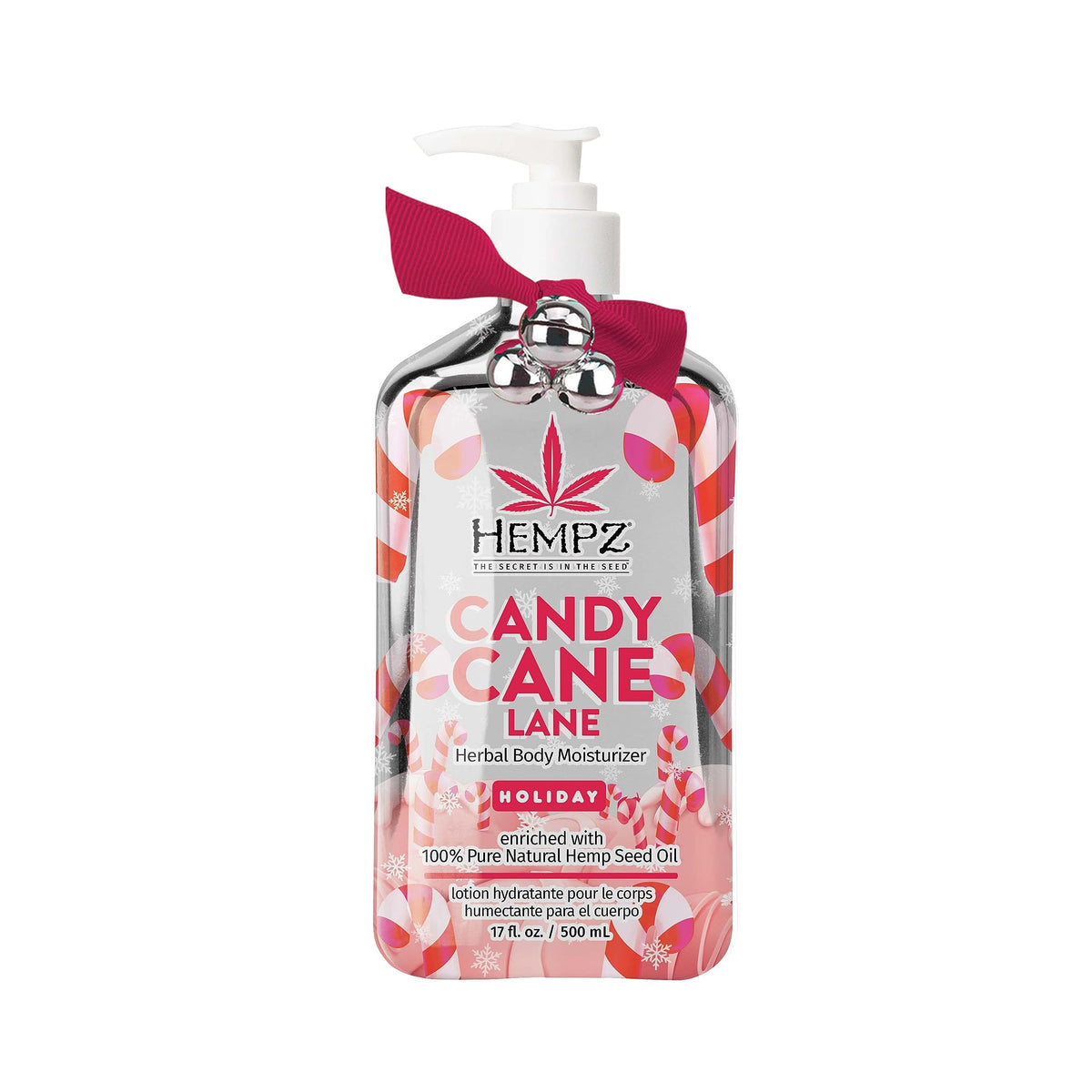 Hempz peppermint candy cane lotion jar-front promotes daily hydration plus festive scent.