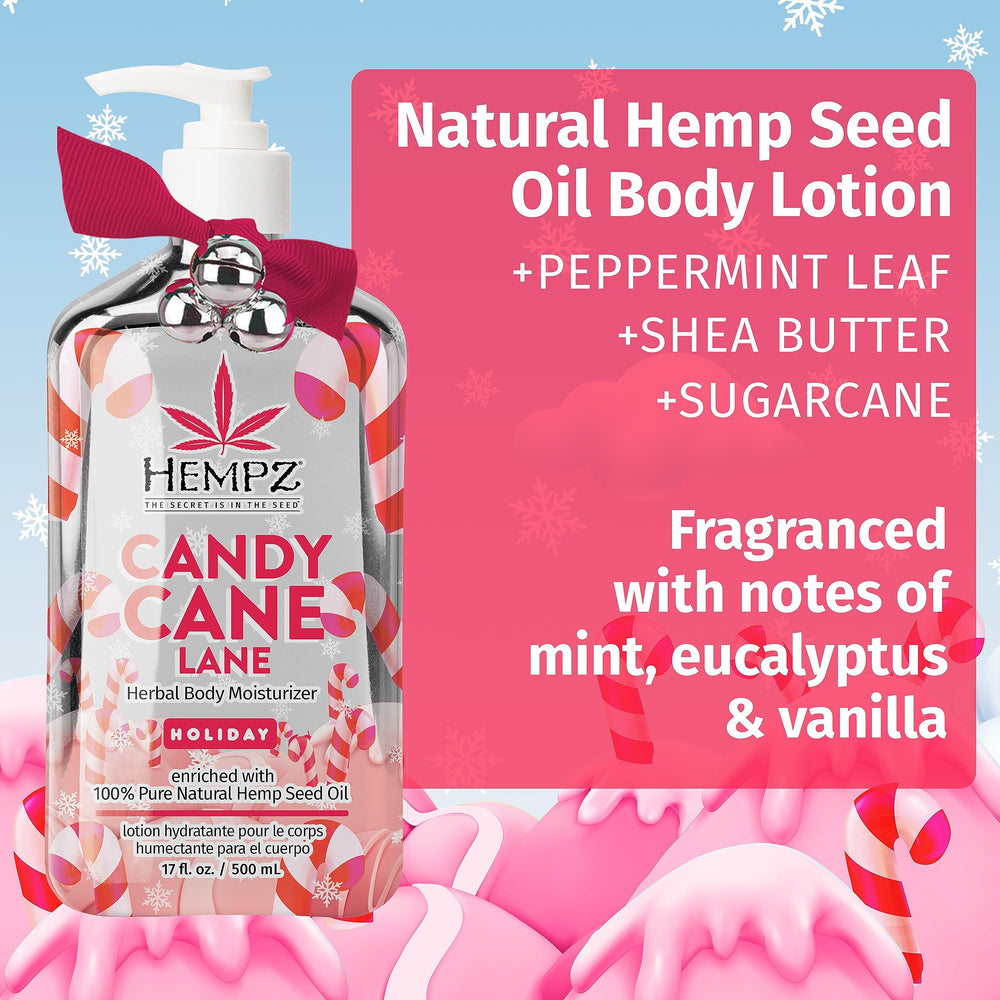 Hempz peppermint candy cane lotion bottle-pump-closeup highlights vegan, cruelty-free formula for everyday use.