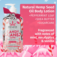 Hempz peppermint candy cane lotion bottle-pump-closeup highlights vegan, cruelty-free formula for everyday use.
