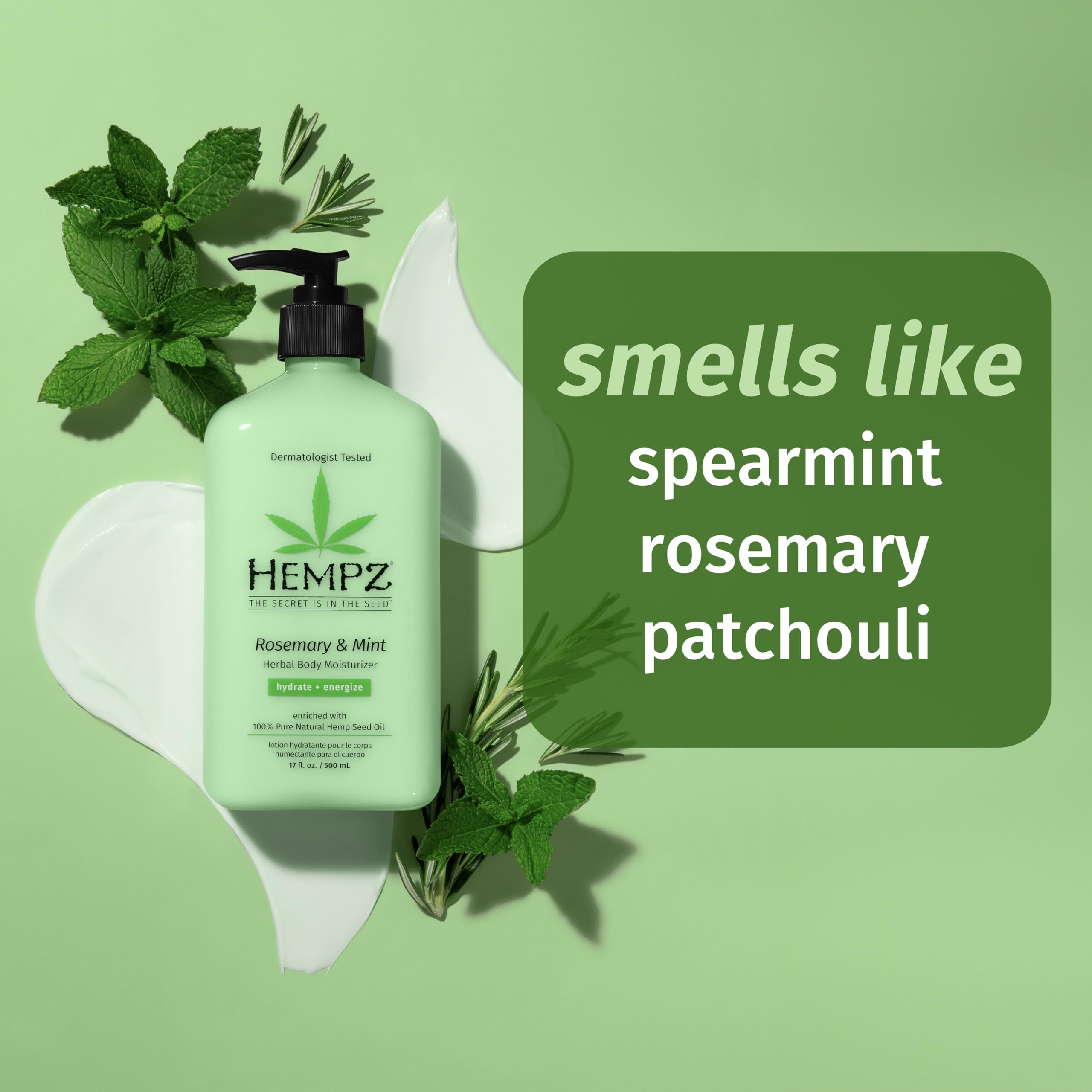 Hempz Rosemary & Mint label front emphasizes natural ingredients and vegan care