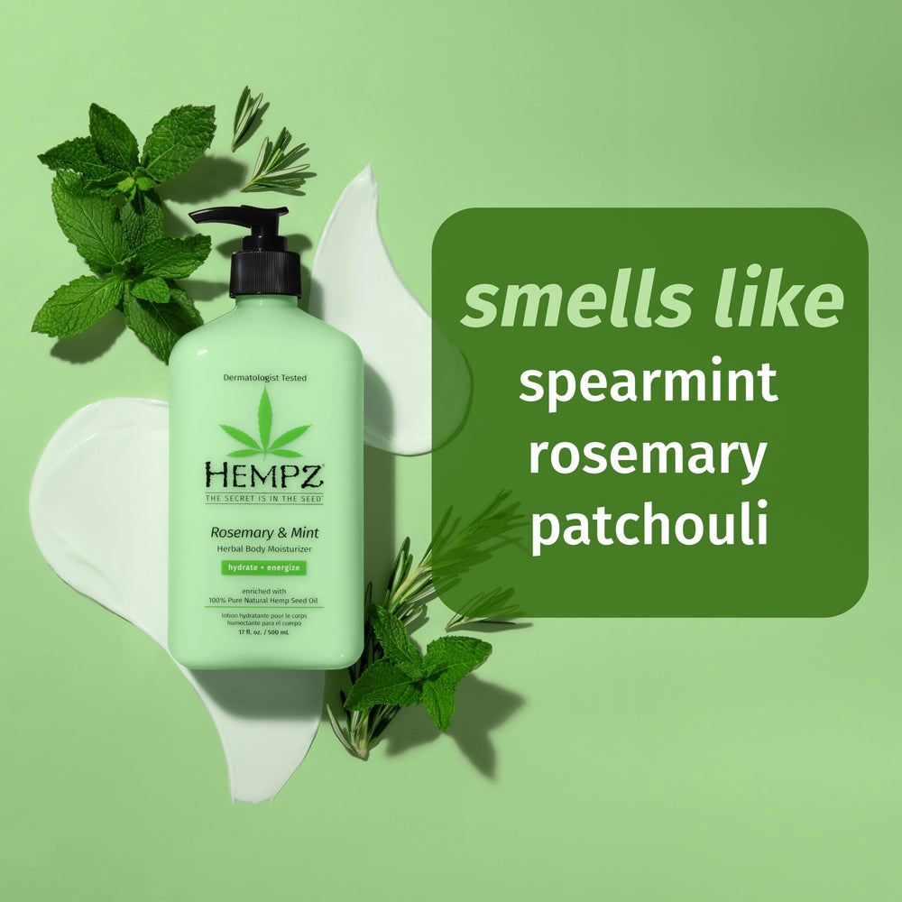 Hempz Rosemary & Mint label front emphasizes natural ingredients and vegan care