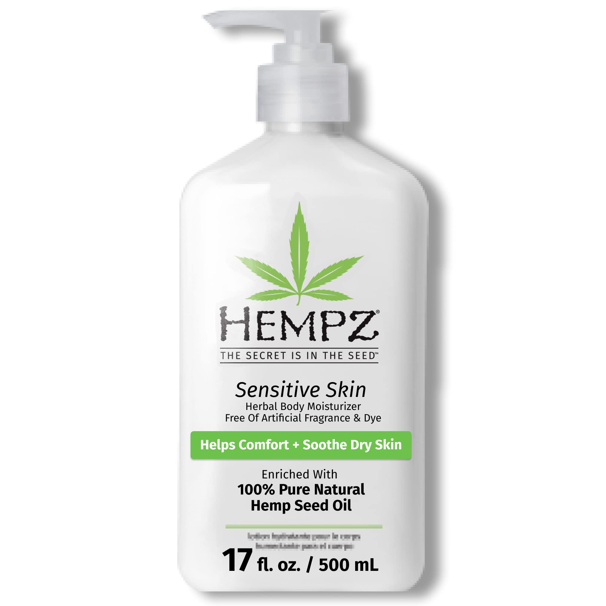 Hempz Sensitive Skin Herbal Moisturizer bottle demonstrates fragrance-free daily hydration.