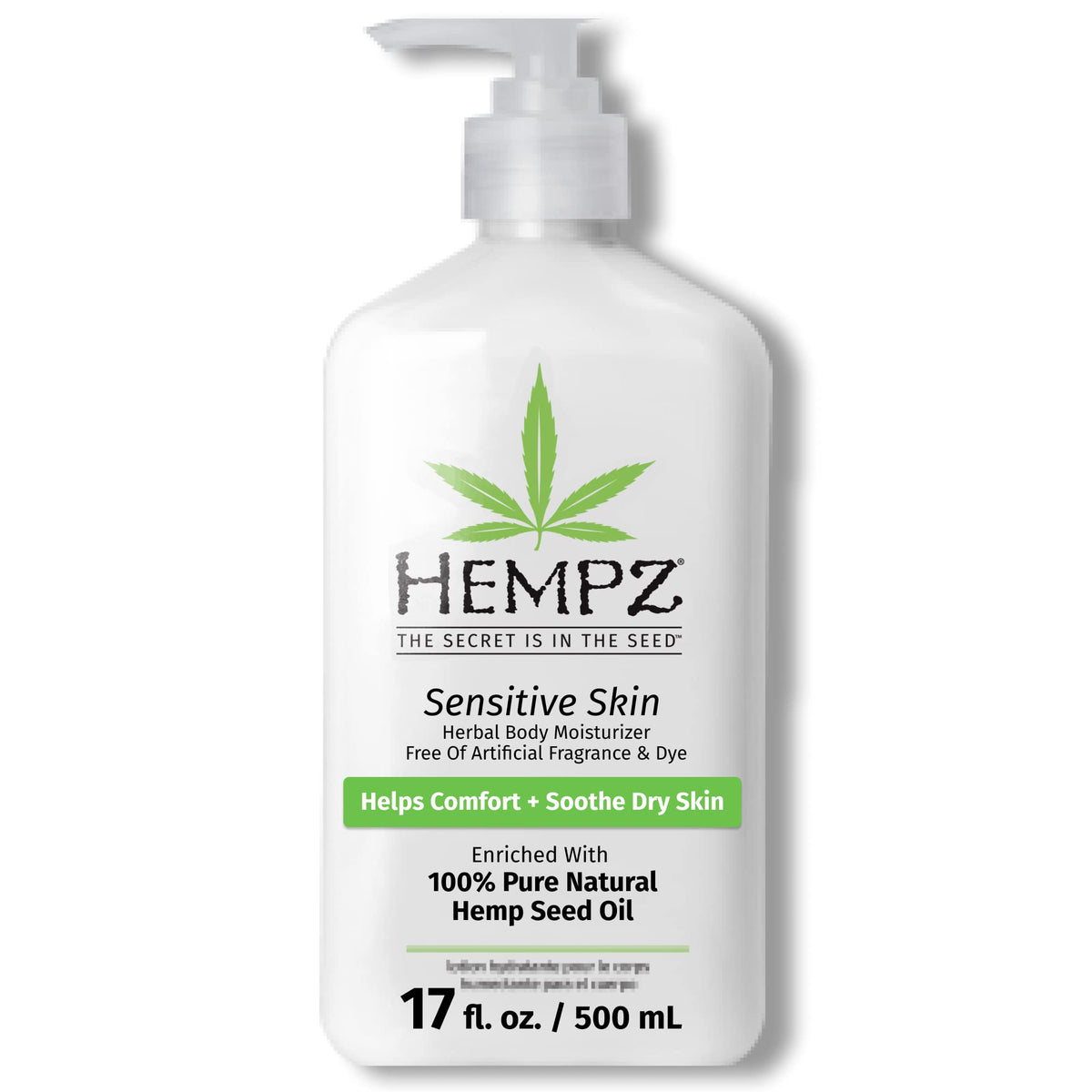Hempz Sensitive Skin Herbal Moisturizer bottle demonstrates fragrance-free daily hydration.
